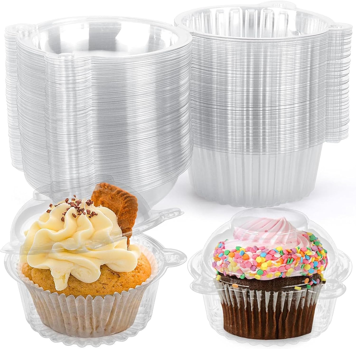 VGOODALL 50Pack Individual Cupcake Containers with Lid, 4.3 x 3.2 Inches Plastic Clear Cupcake Holder for Wedding Baby Shower Birthday Party Supply