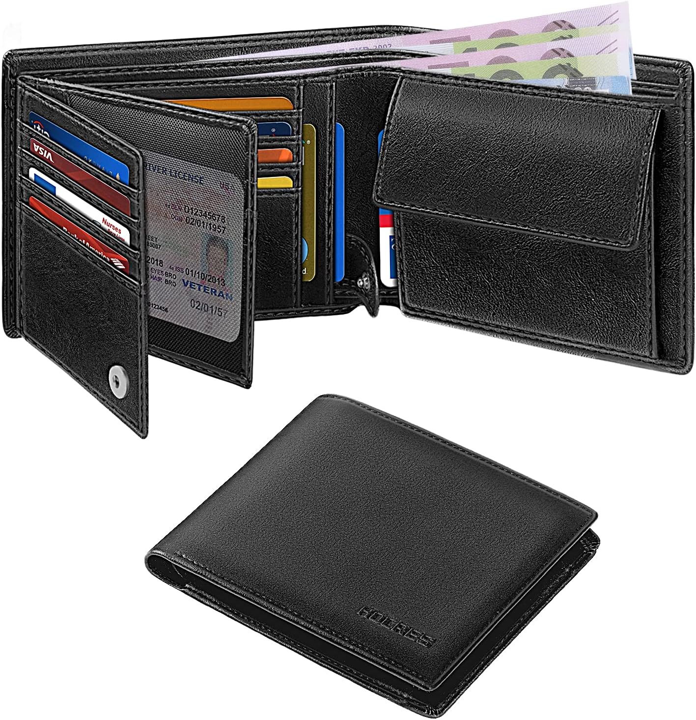 HOCRES® Wallets for Mens RFID Blocking Leather Slim Wallet with 15 Credit Card Holders, 2 Banknote Compartments & 2 ID Window Minimalist Wallets with Gift Box