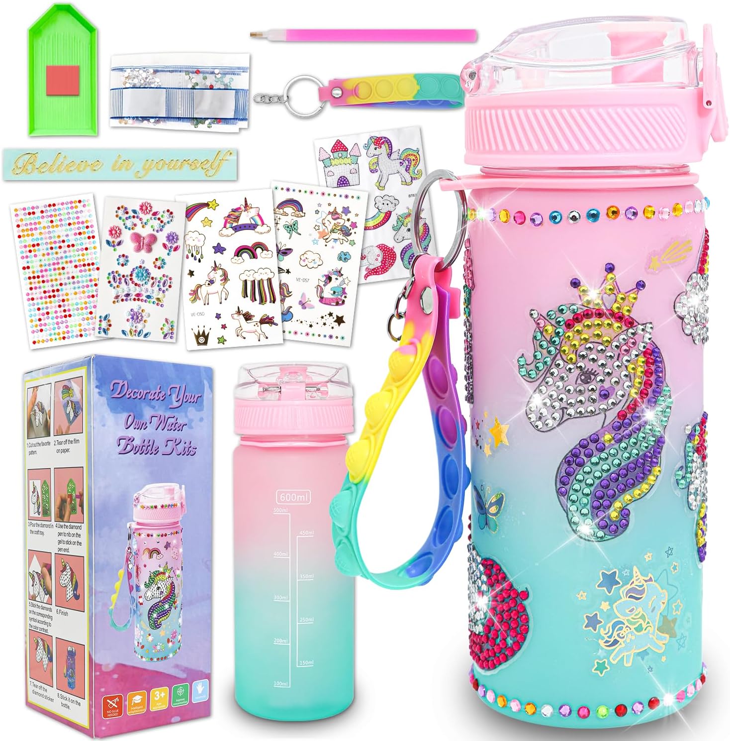 Gifts for Girls 4-12, Decorate Your Own Water Bottle Kits for Girls, Unicorn Diamond Crafts Painting Toys, Kids Water Bottle for School, Valentine's Day and Birthday Gifts Toys for Kids (Unicorn 2)