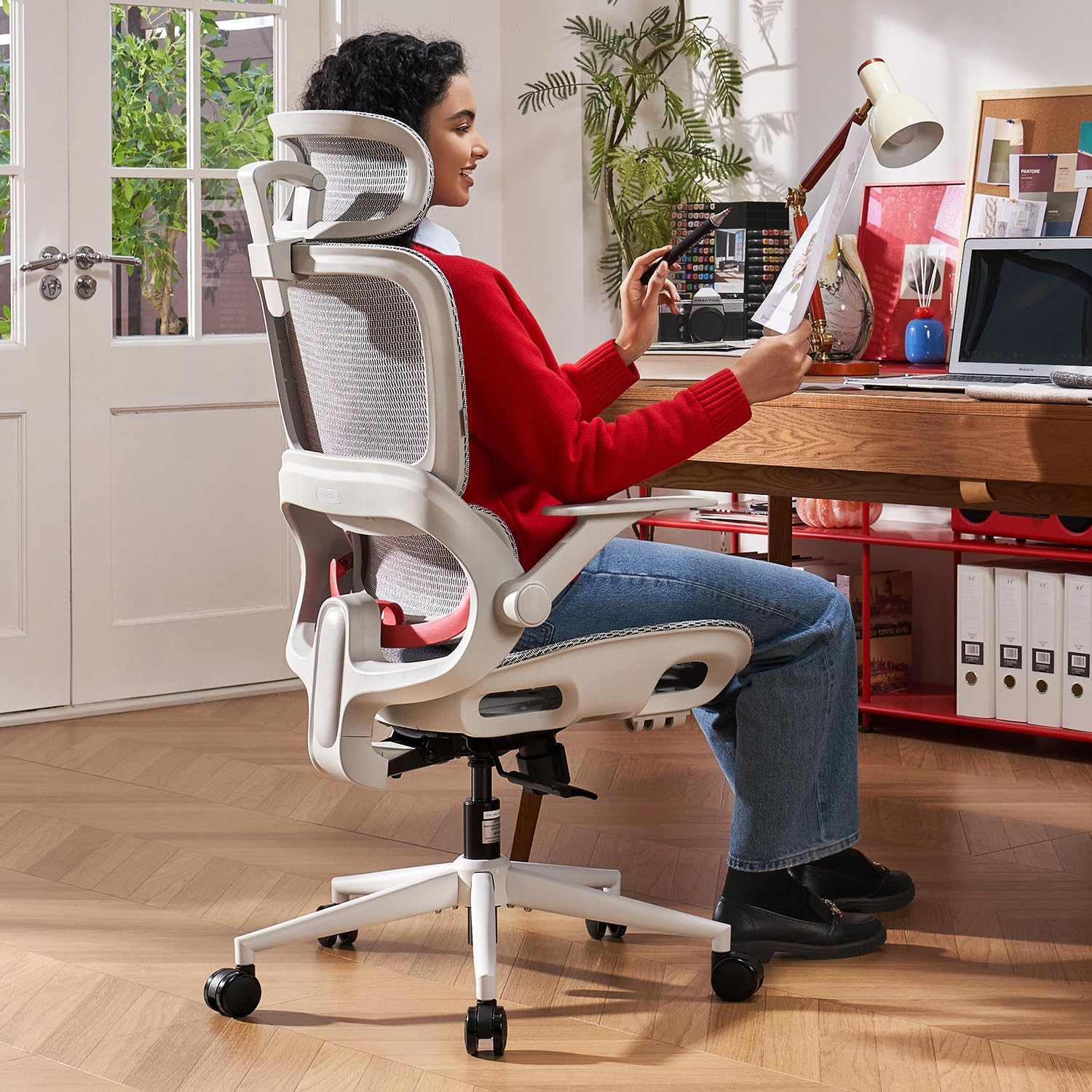 SIHOO B100 Office Chair, Ergonomic Office Chair Without Footrest, Computer Chair with Wide Headrest & Adaptive Lumbar Support, Flip-up Armrests, Swivel Desk Chair for Long Hours, Grey