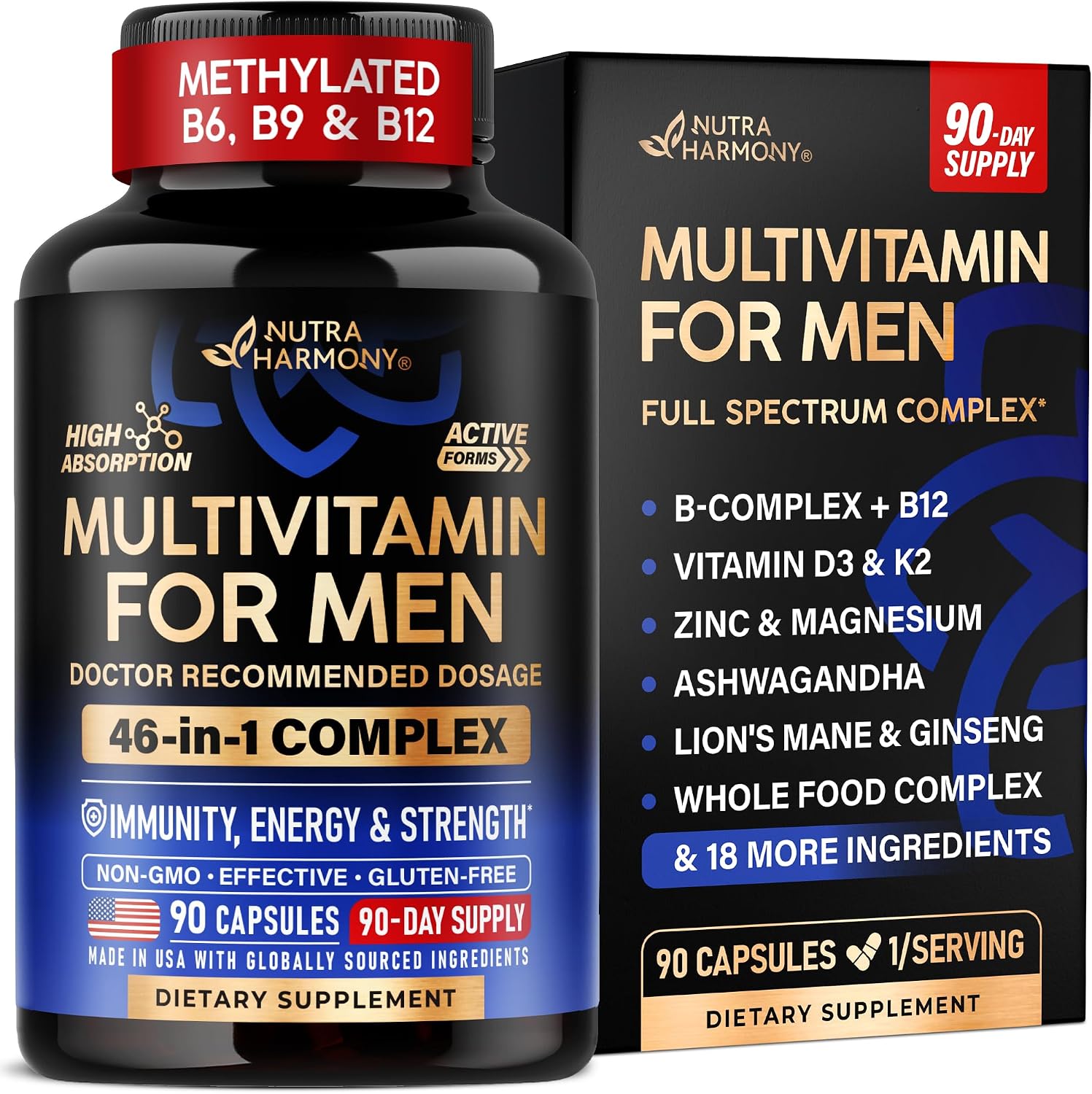 Multivitamin for Men - B-Complex & B12 | Whole Foods & Enzymes - 90 Caps