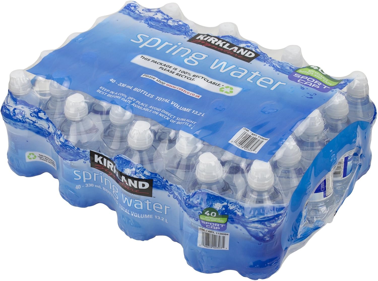 KIRKLAND SIGNATURE Sports Cap Bottle 330ml 40 Bottles, NATURAL SPRING WATER, 13200 millilitre