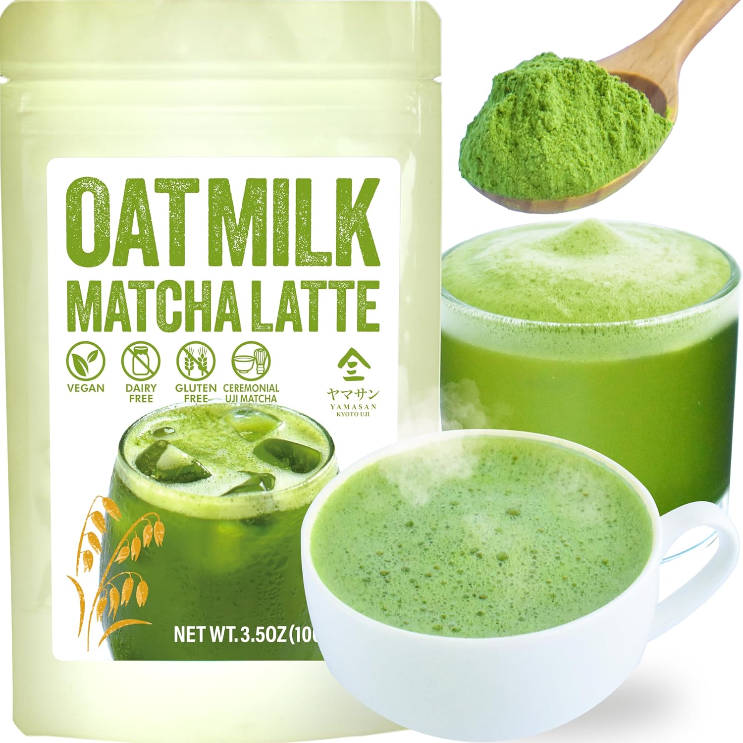YAMASAN KYOTO UJI Japanese Oat Milk Matcha Latte, Uji Matcha Ceremonial Grade with Oat Milk Instant Latte Mix, Dairy-Free, 100% Plant Based, Vegan, No Refined Sugar, Made in Japan, 100g