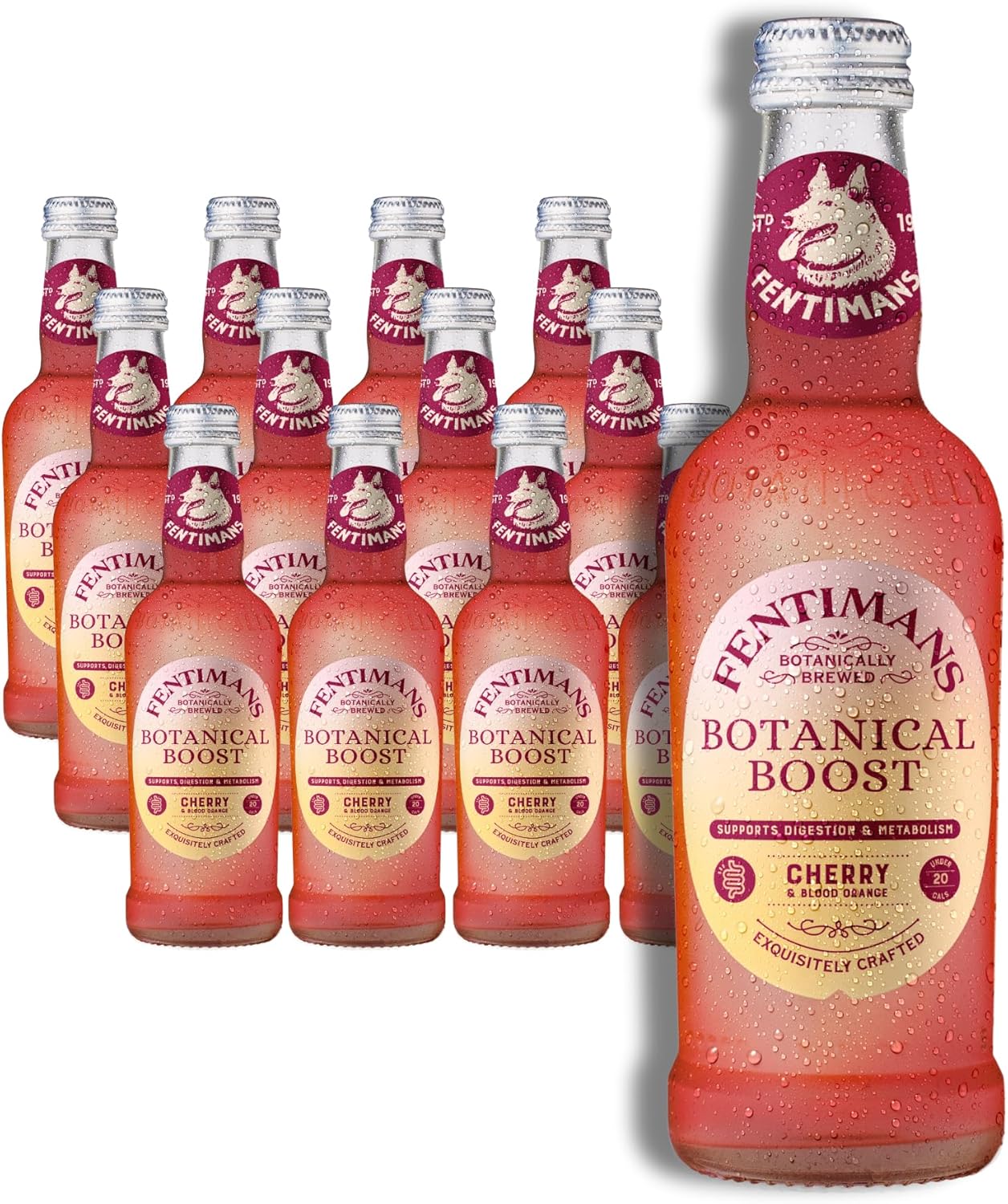 Fentimans Botanical Boost Cherry & Blood Orange - Botanically Brewed Still Soft Drink - Enriched with Vitamins & Minerals - Gluten-Free and Vegan Friendly Soft Drinks - 12 x 250ml Bottles