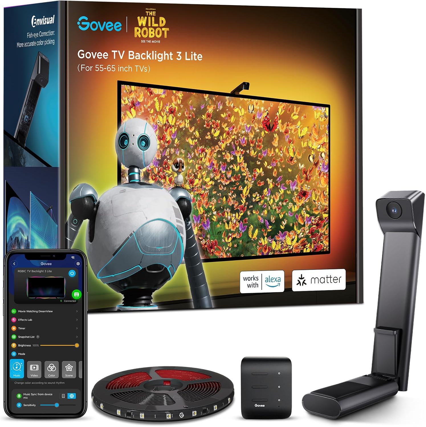 Govee TV Backlight 3 Lite with Fish-Eye Correction Function Sync to 55-65 Inch TVs, 11.8ft RGBICW Wi-Fi TV LED Backlight with Camera, 4 Colors in 1 Lamp Bead, Voice and APP Control, Adapter