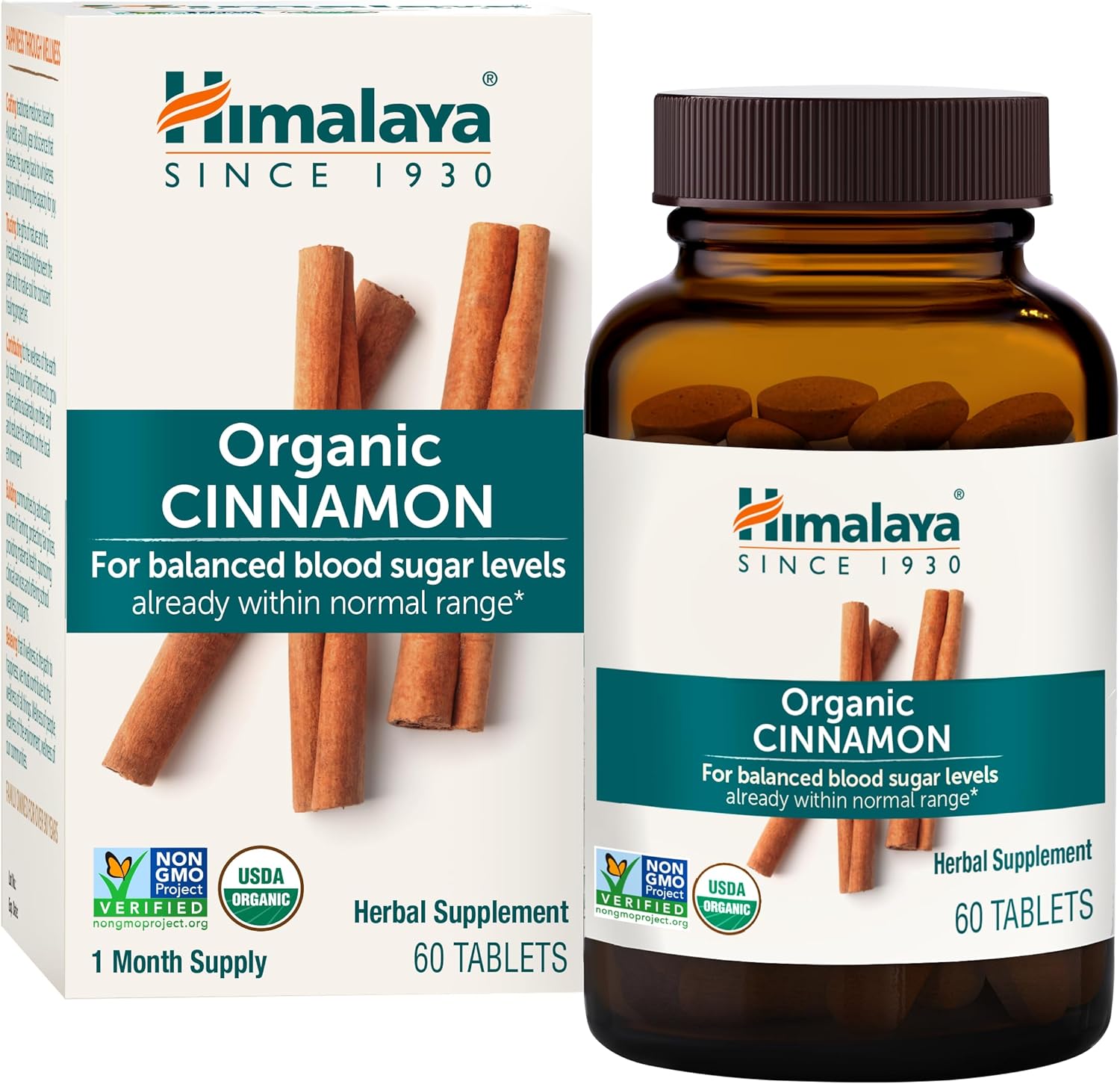 Himalaya Organic Cinnamon, 30 Day Supply - Herbal Glucose Metabolism Support - USDA Organic, Non-GMO, Vegan, Gluten Free, 1100 mg, 60 Tablets