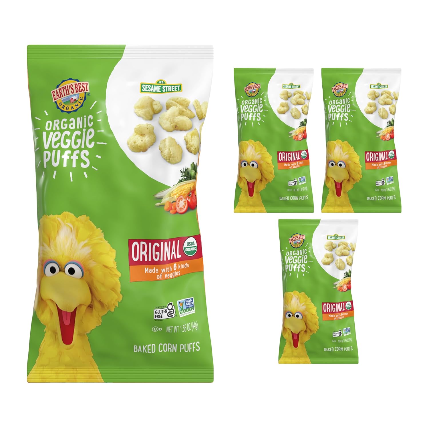 Earth's Best Organic Veggie Puffs for Toddlers 2 Years Old and Up, Original Flavor, 1.55 Ounce Bag (Pack of 4)