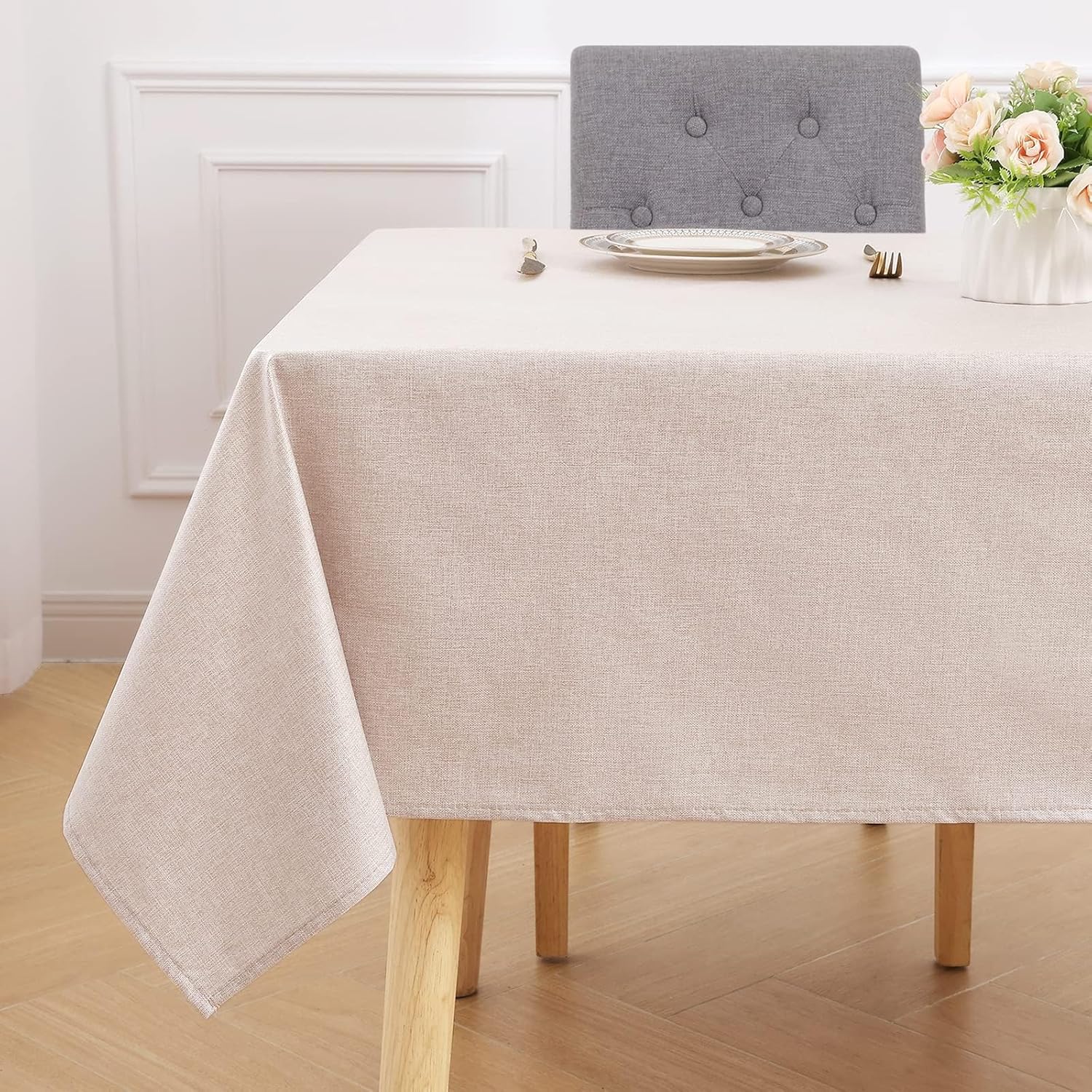 smiry Rectangular Table Cloth Wipe Clean 140x200 cm, Wipeable Water Resistant Linen Tablecloth, Fabric Washable Dining Table Cover for Kitchen Indoor Outdoor, Beige
