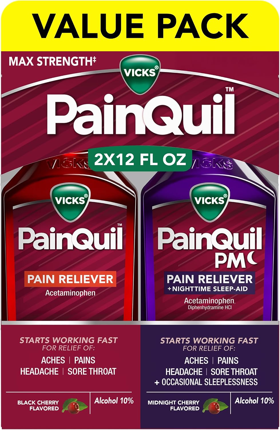 Vicks PainQuil & PainQuil PM Pain Relief Liquid, 1000mg Acetaminophen, 2x12 oz