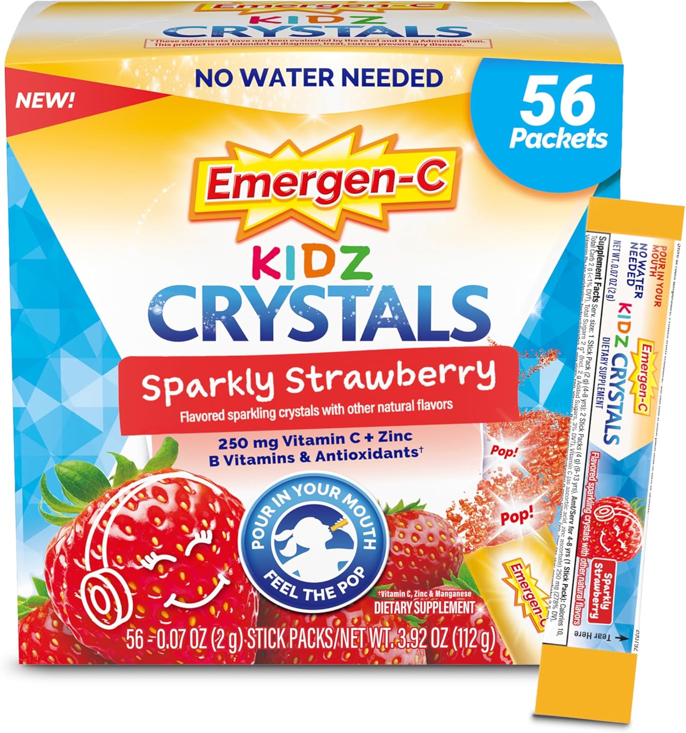 Emergen-C Kidz Crystals, On-the-Go Emergen-C Immune Support Supplement with Vitamin C, B Vitamins, Zinc and Manganese, Sparkly Strawberry, Stocking Stuffer - 56 Stick Packs