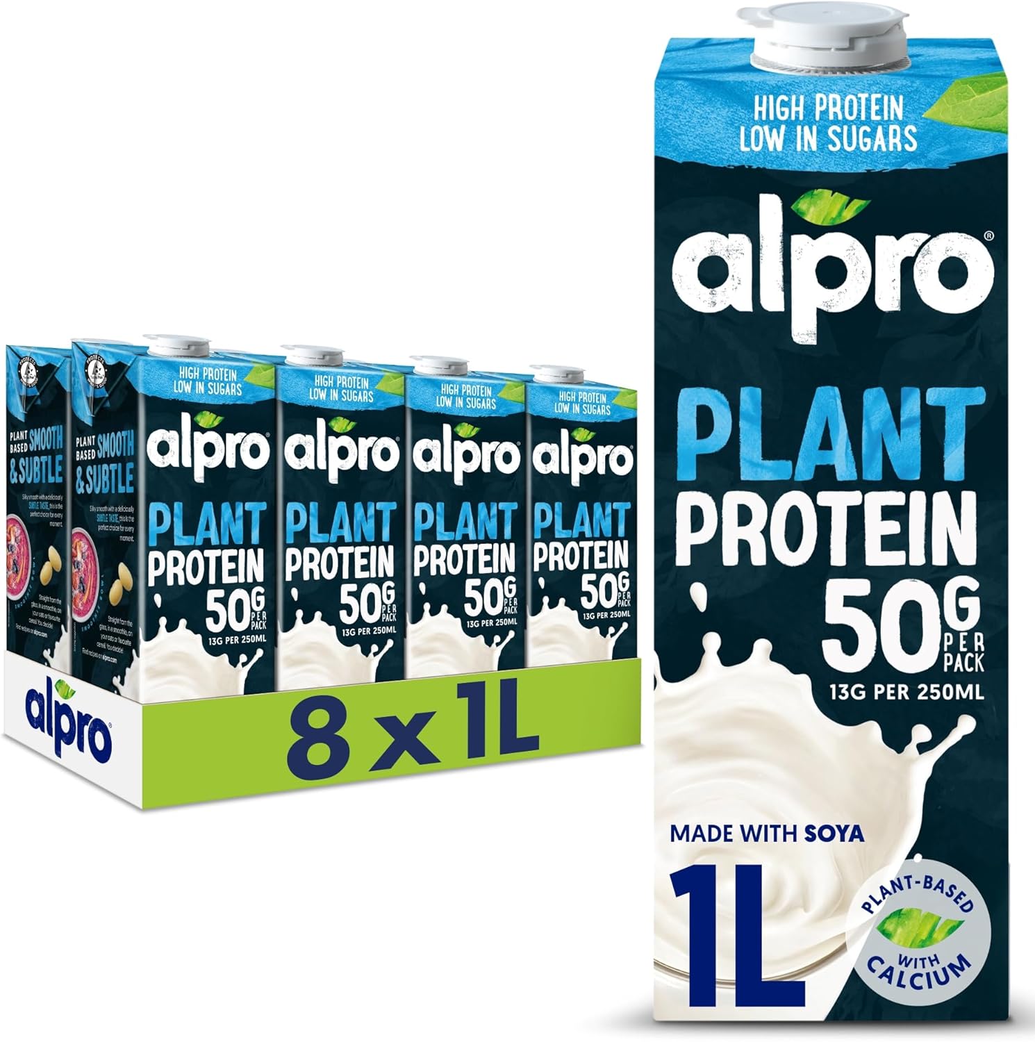 Alpro Soya High Protein Plant-Based Long Life Drink - Vegan Dairy Free & Lactose Free Milk Alternative - 1L (Pack of 8)