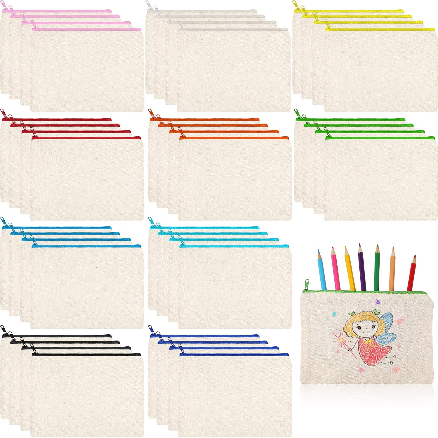Shappy 40 Pcs Canvas Zipper Pouch Bags Pencil Pouch Canvas Makeup Bags Blank Pencil Case Cotton Cosmetic Case for Travel DIY Craft (9.25 x 6.89 Inches,L)