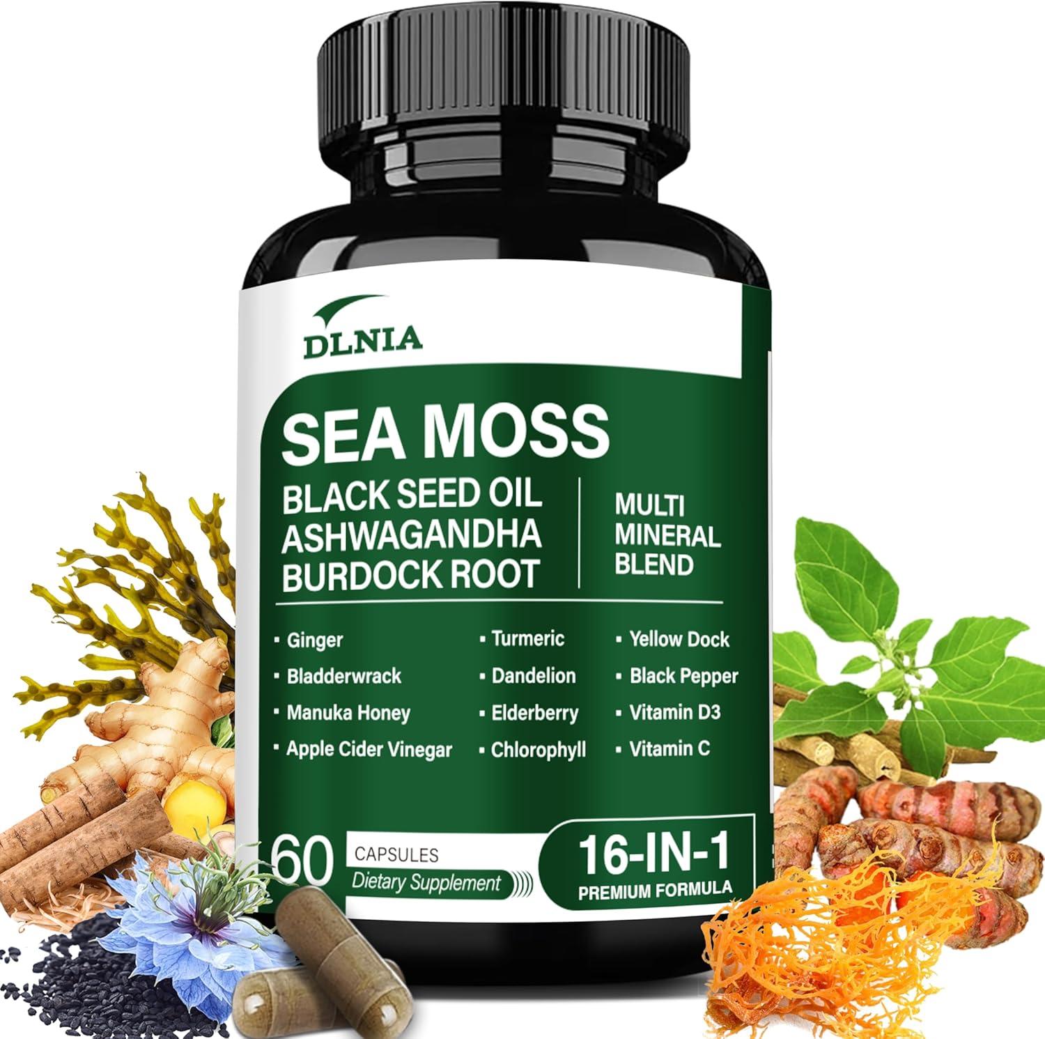 16-in-1 Organic Sea Moss Gel Alternative Capsules – Superfood Blend with Ashwagandha, Black Seed Oil, Turmeric, Bladderwrack, Burdock, Elderberry, Manuka, Dandelion, Yellow Dock, Vitamin C & D3