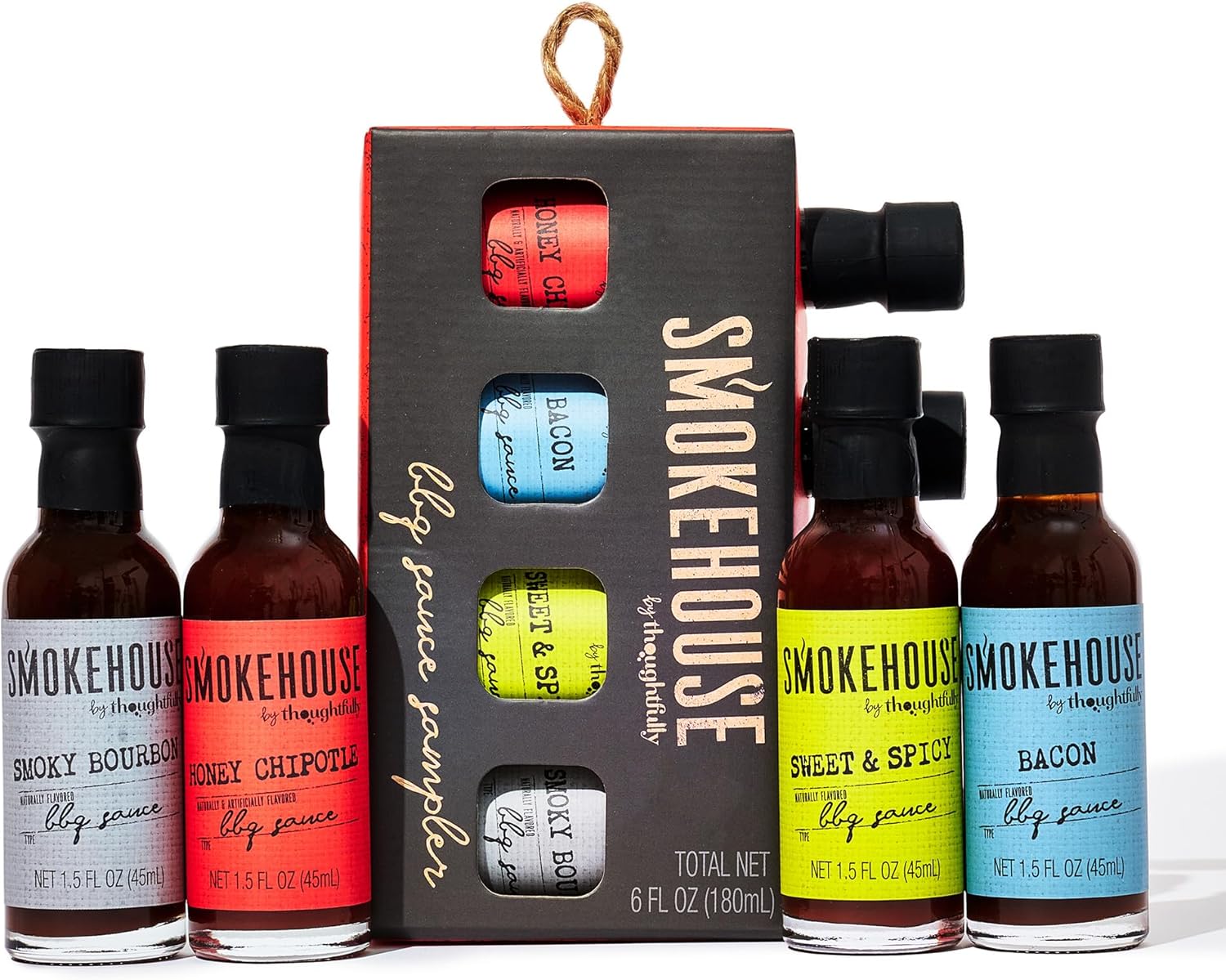 Smokehouse by Thoughtfully, Smokehouse Gourmet BBQ Sauce Sampler Set, Flavours Include Honey Chipotle, Smoky Bourbon, Sweet and Spicy, and Bacon BBQ Sauce, Pack of 4