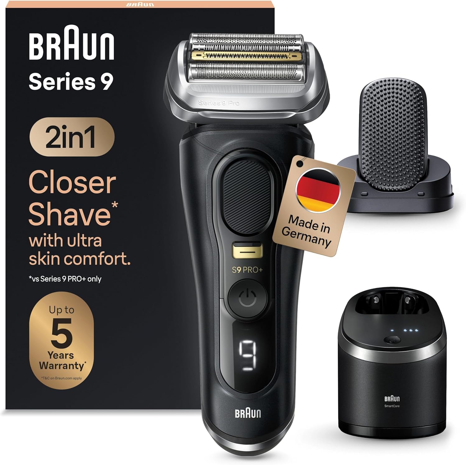 Braun Series 9 Pro+ Men's Electric Shaver with 5 Pro Razor Elements, ProComfort Attachment, 2-in-1 System, Cleaning Station, 60 Minutes Running Time, Made in Germany, 9590cc, Black