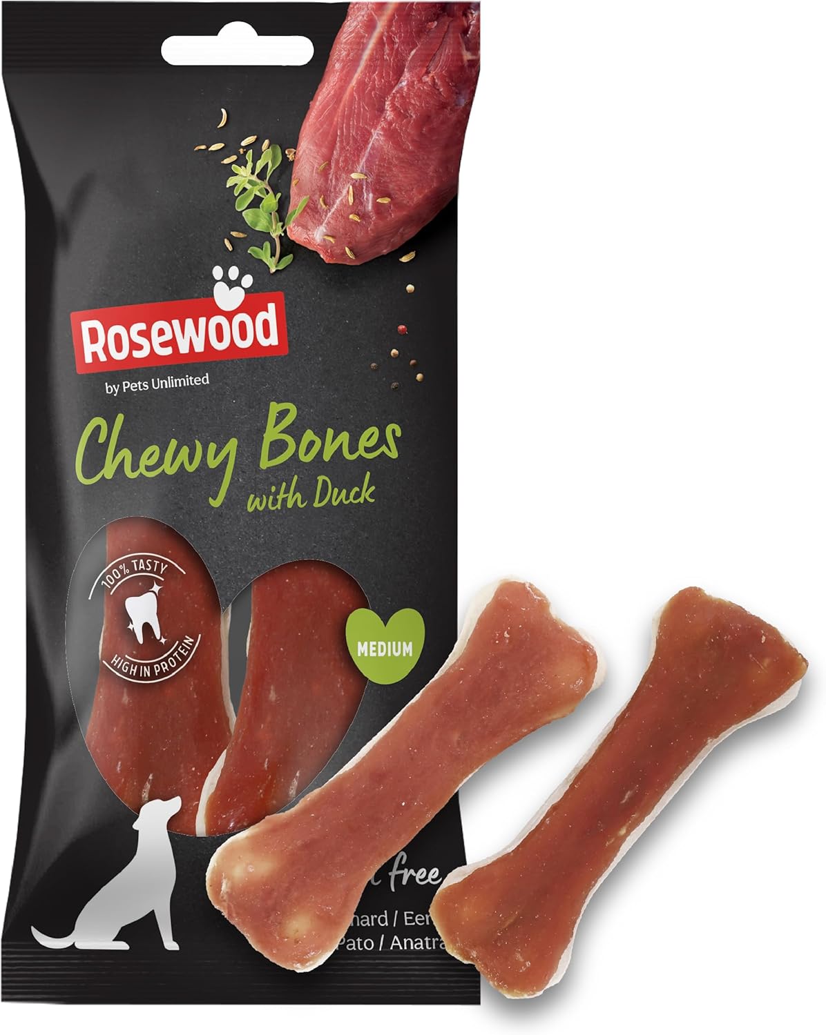 Rosewood Medium Chewy Bones for Dogs - Made with Duck, Grain Free Chews, High Protein Dog Treats, By Pets Unlimited (2pc, 80g)