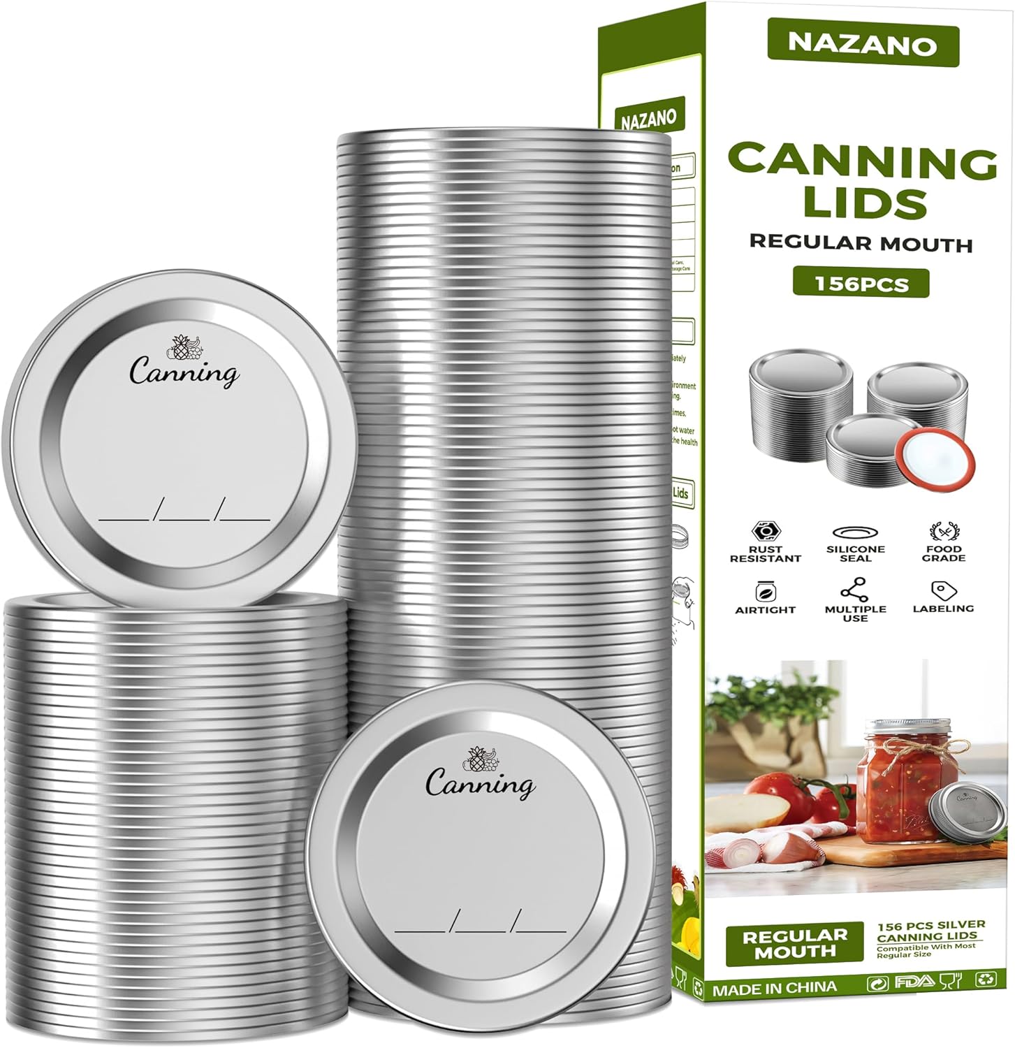 156pcs Canning Lids Regular Mouth, 70mm Mason Jar Lids Regular, Reusable Leak Proof Split-type Lids, Food Grade Material (Silver)