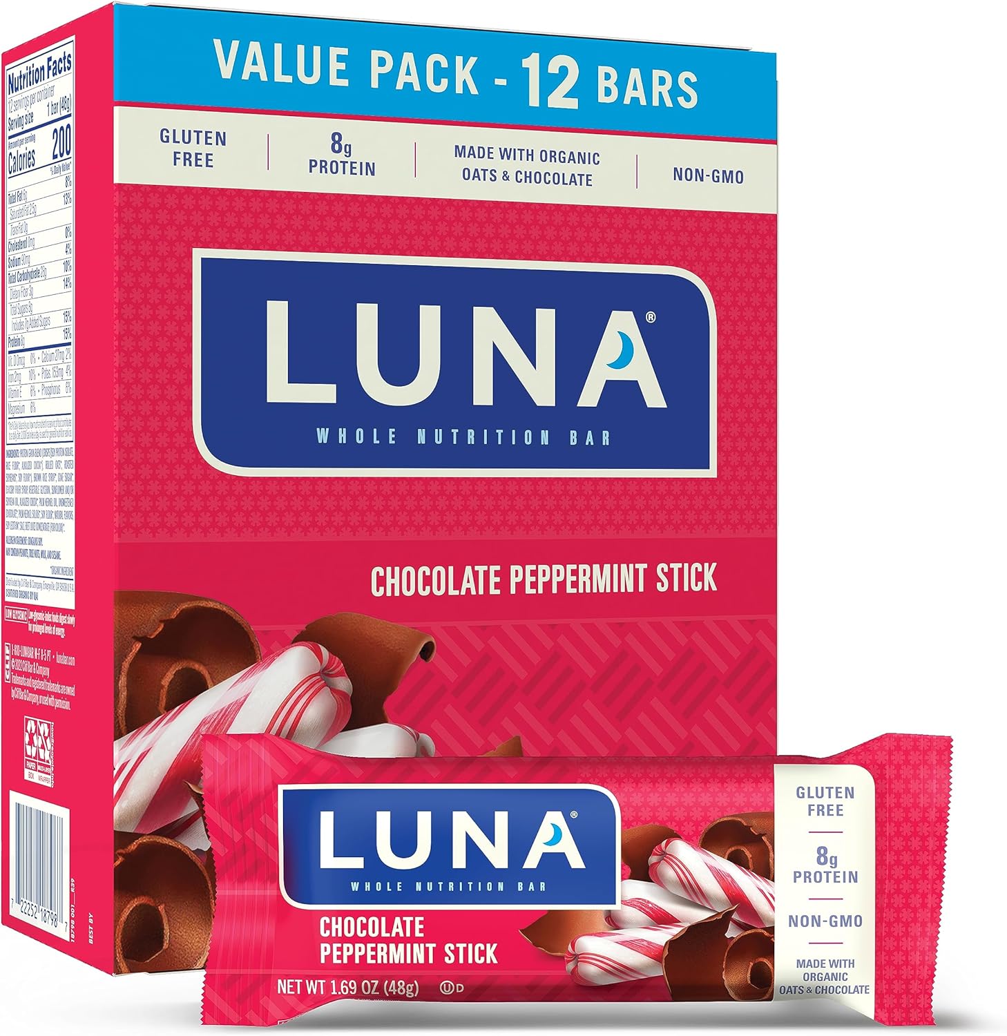 LUNA Bar - Chocolate Peppermint Stick - Gluten-Free - Non-GMO - 7-9g Protein - Made with Organic Oats - Low Glycemic - Whole Nutrition Snack Bars - 1.69 oz. (12 Pack)