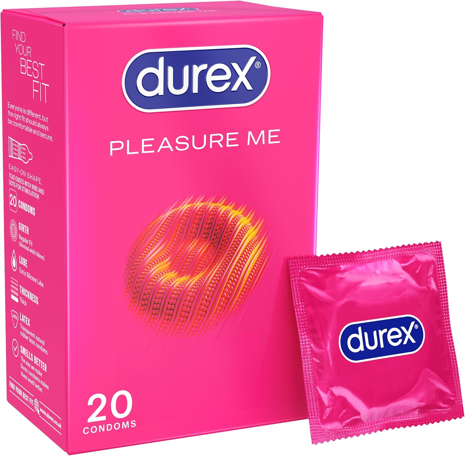 Durex Pleasure Me, 20 Condoms, Ribbed & Dotted, Regular Fit, Pre Lubricated