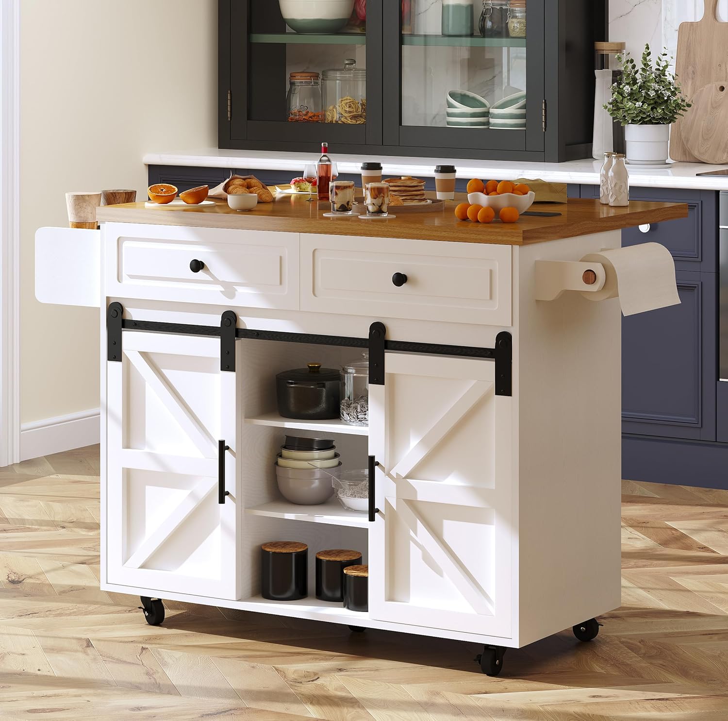 COCO DESIGN Rolling Kitchen Island Cart with Wheels, 54" Portable Trolley Island with Drop Leaf Countertop, Sliding Barn Door, Power Outlet, Spice Rack, Towel Rack and Drawers, Minimalist White