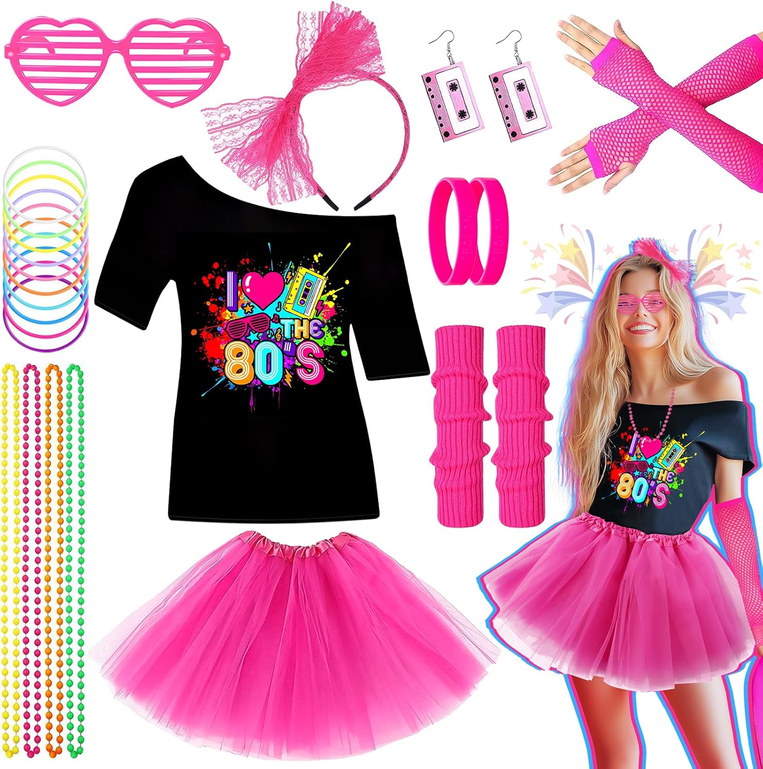 10Pcs 80s Accessories Set for Women, Retro Fancy Dress with Tutu Skirt Leg Warmers Fishnet Gloves Earrings Lace Headband Glasses Bracelet for Girls 1980s Costume Outfit Hen Do Party