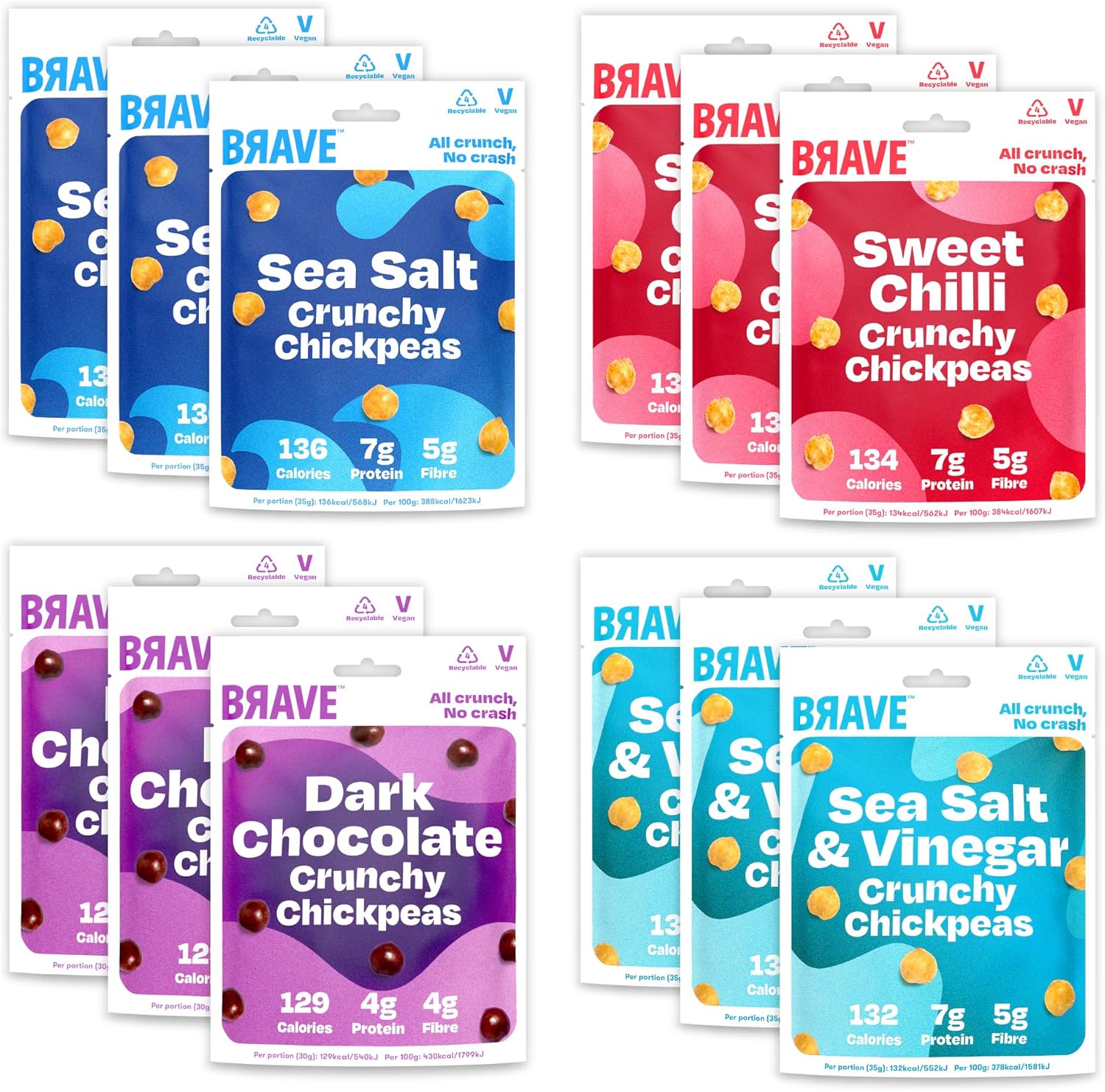 BRAVE Roasted Chickpeas: Variety 12 Multipack - Healthy Snack, High Protein, Low Calorie (12 x 35g packs)