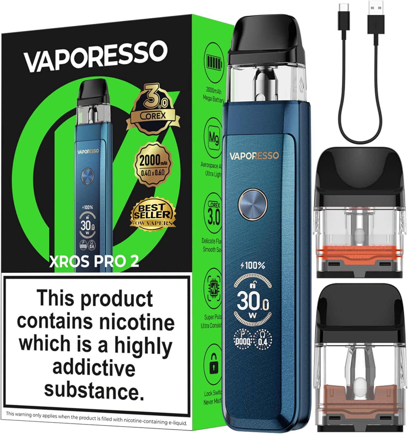 Vaporesso Xros Pro 2 Vape Pod Kit 30W, Built in 2000mAh Mega Battery, Compatible with XROS Pods, Fast Charge, 2ML, No Nicotine (Storm Blue)