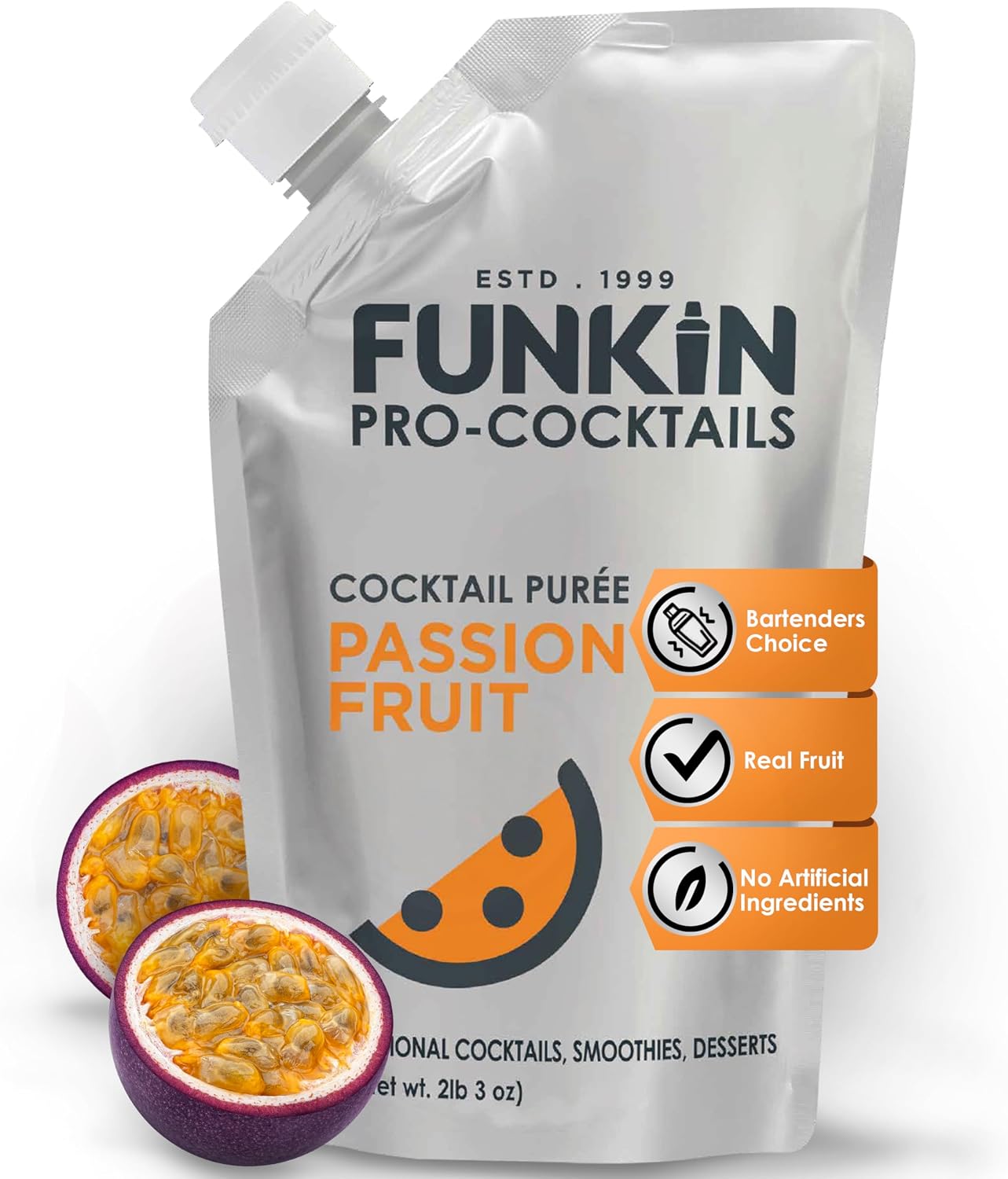 FUNKIN Passion Fruit Puree Cocktail Mixer | Made with Real Passionfruit | Fresh Fruit Puree for Professional Cocktails, Smoothies, & Desserts | 0% ABV | Resealable Pouch | 1kg, Pack of 1