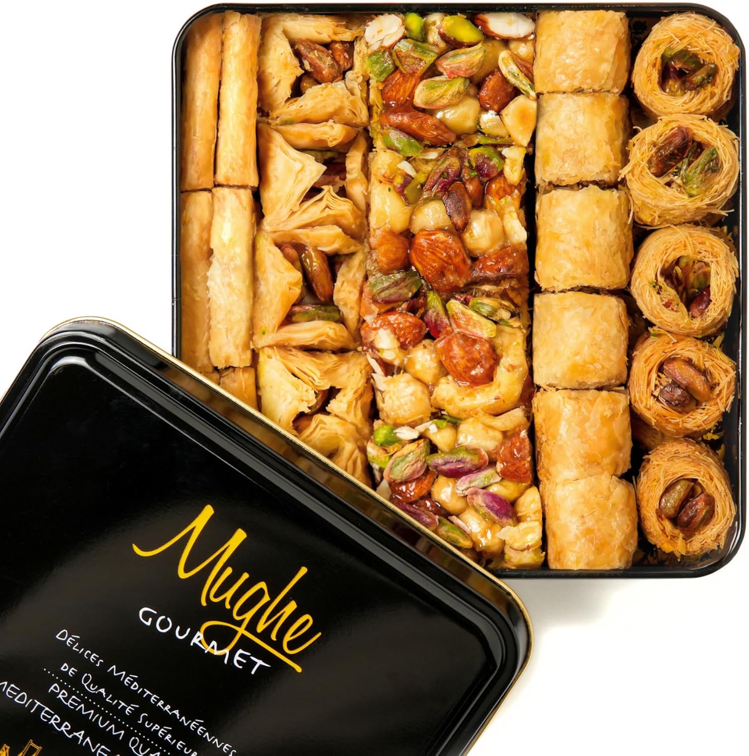 Mughe Gourmet Luxury Baklava Mix Gift Box - Fresh Turkish Pistachio Baklawa Sweets - 1.65lbs-750g-52pc Double Layered - Perfect for Birthday, Father's Day, Christmas - Dessert Gifts Basket for Mum Dad