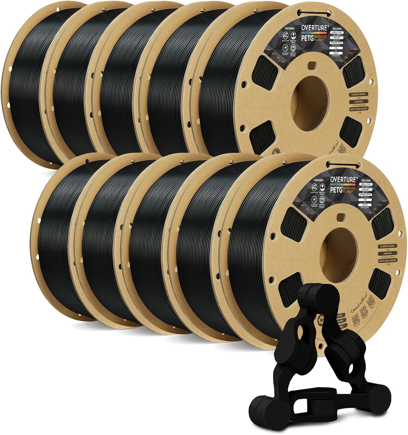 OVERTURE 10KG Bundle PETG 3D Printer Filament 1.75mm, Neatly Wound Durable PETG 10kg Spool (22.2lbs), Strong Toughness Filament, Dimensional Accuracy +/- 0.02mm, Fit Most FDM Printers (Black 10 Pack)
