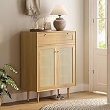 Rattan Shoe Cabinet with Drawer and Doors, Large Freestanding Shoe Storage Organizer with Adjustable Shelf & Anti-Tipping Device Modern Farmhouse Accent Shoe Rack with 4-Tier Natural Oak