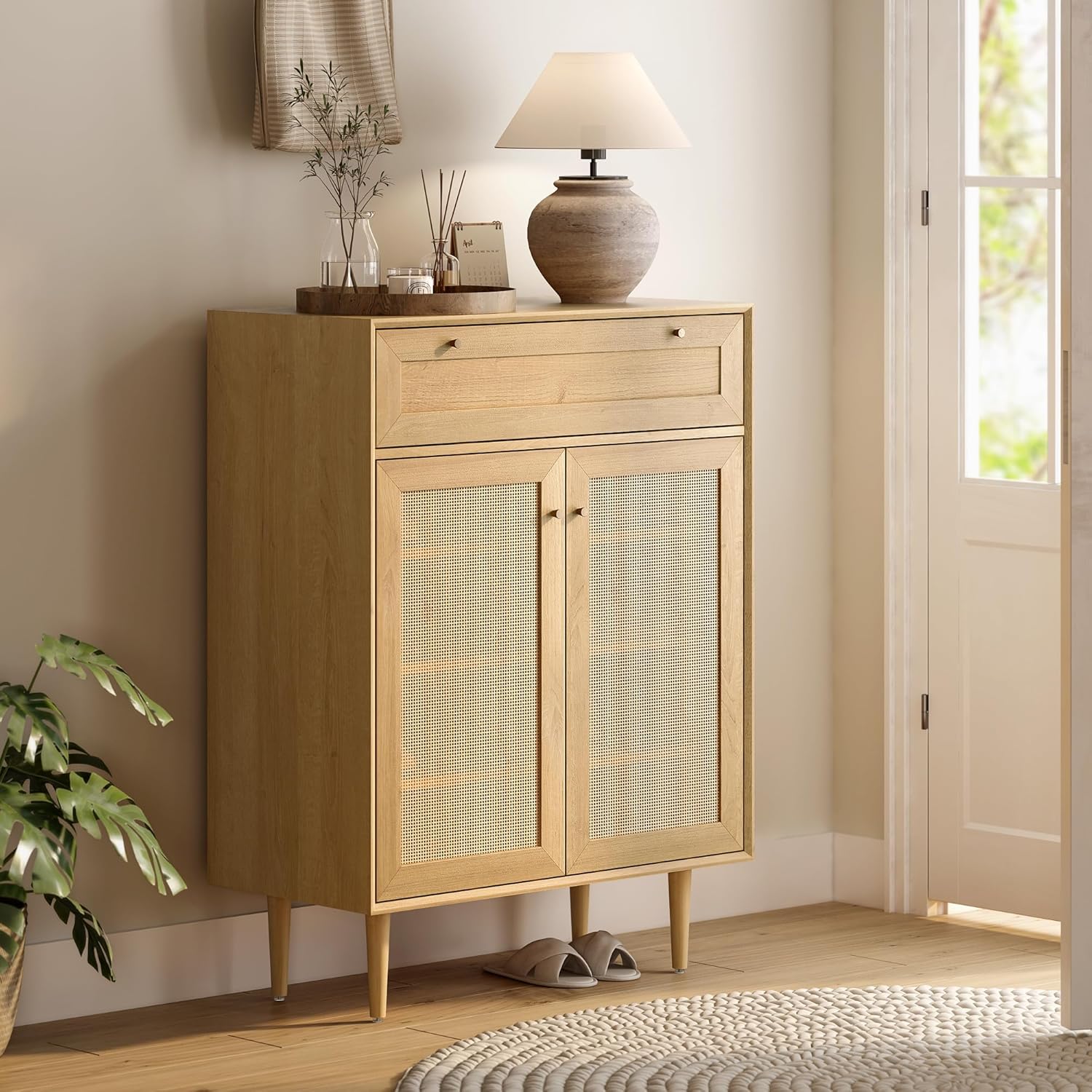 Rattan Shoe Cabinet with Drawer and Doors, Large Freestanding Shoe Storage Organizer with Adjustable Shelf & Anti-Tipping Device Modern Farmhouse Accent Shoe Rack with 4-Tier Natural Oak