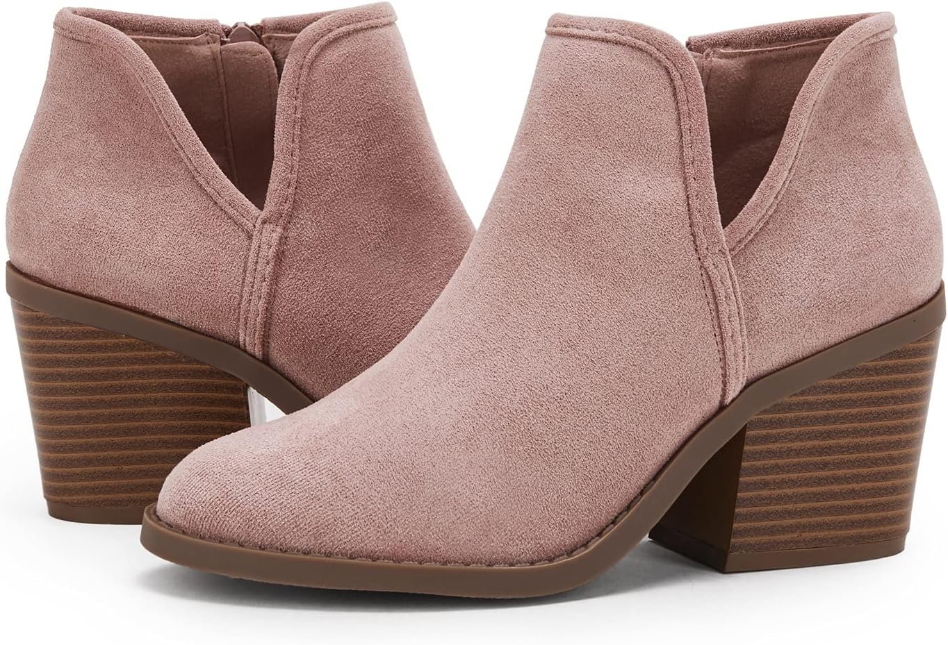 PiePieBuy Womens Ankle Boots Chunky Stacked Heel Slip on Shoes Faux Suede Side Zipper Casual Western Booties