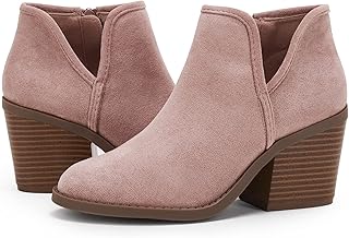 PiePieBuy Womens Ankle Boots Chunky Stacked Heel Slip on Shoes Faux Suede Side Zipper Casual Western Booties