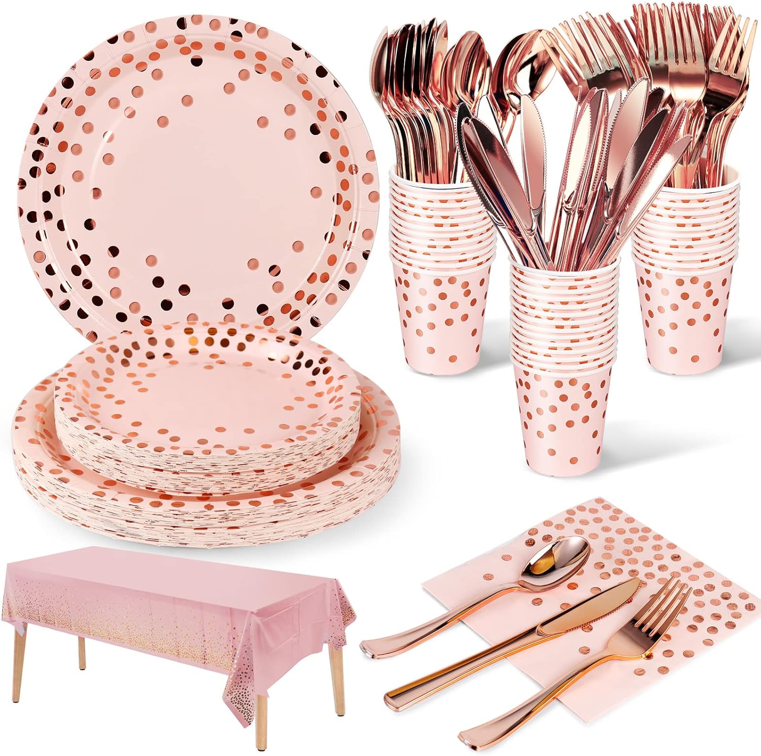 Nkaiso Pink and Rose Gold Party Tableware 141 Pieces Paper Supplies Set Includes Paper Plates Napkins Cups Reusable Cutlery for Shower Engagement Wedding Birthday -20 Guests