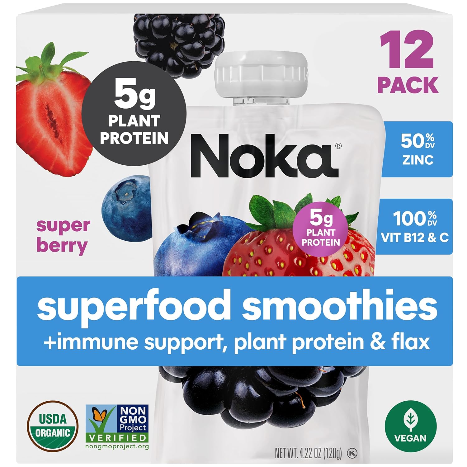 Noka Organic Superfood Fruit Smoothie Pouches, Super Berry with Immune Support, Healthy Snacks with Elderberry, Vitamin C, Flax Seed and Plant Protein, Gluten Free, Vegan, 4.22 oz (12 Pack)
