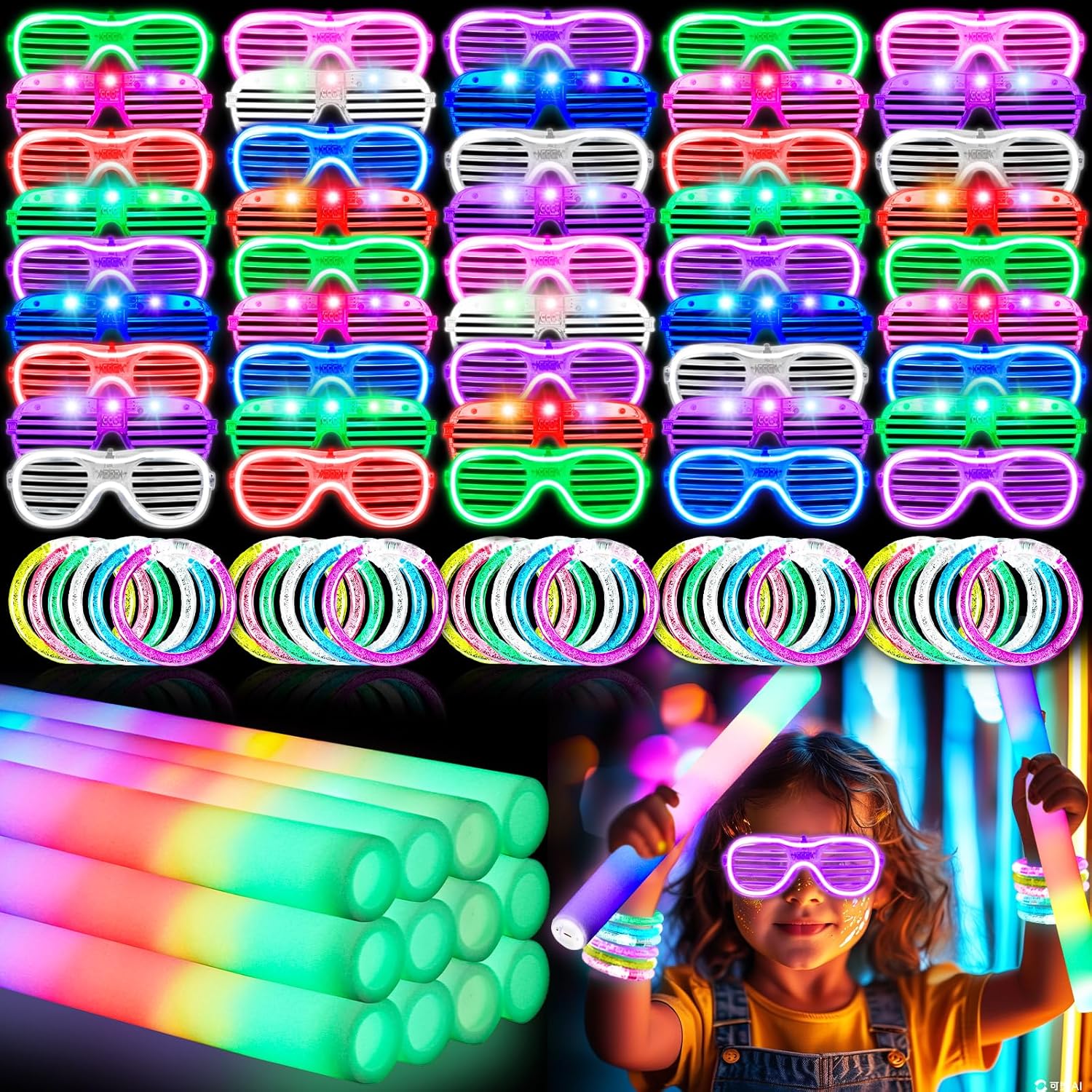 96Pcs Glow in the Dark Party Supplies for Kids & Adults, Neon Light up Glasses, Foam Glow Sticks&LED Glow Bracelets, Ideal for Birthdays Halloween Weddings Carnival, and Rave Hora Loca Party favors
