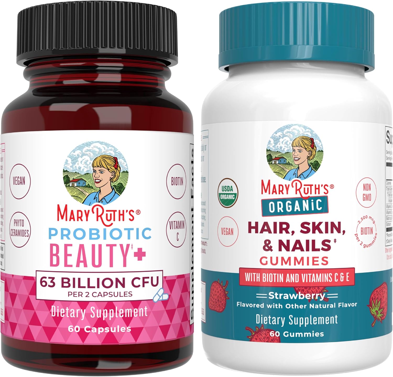 MARYRUTH'S Probiotic Beauty+ Capsules & Hair, Skin, & Nails Gummies (Strawberry) | B Corp Certified, Clean Label Project Verified® | Sugar-Free, Vegan, Non-GMO | Beauty | Skin, Hair & Nail Support