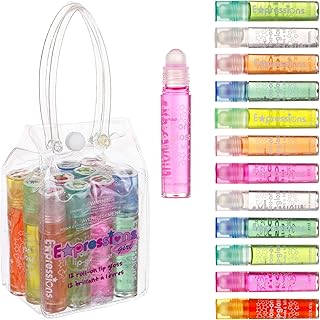 Expressions 12pc Roll On Lip Gloss Set with Carrying Case, Glossy Lip Make-up for Kids and Teens - Fruity Flavors, Non Toxic, Kid Friendly, Party Gift, Best Friends