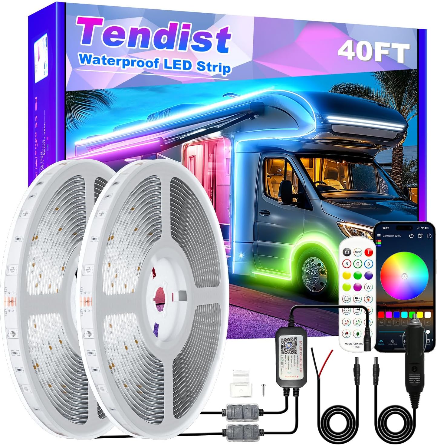 RV Awning LED Light Strip 40FT, 12V RGB Waterproof Underglow Led Light kit, Camper Awning Lights for RV Canopy Exterior, Travel Party, Van, Camper, Concession Trailer, Food Trucks