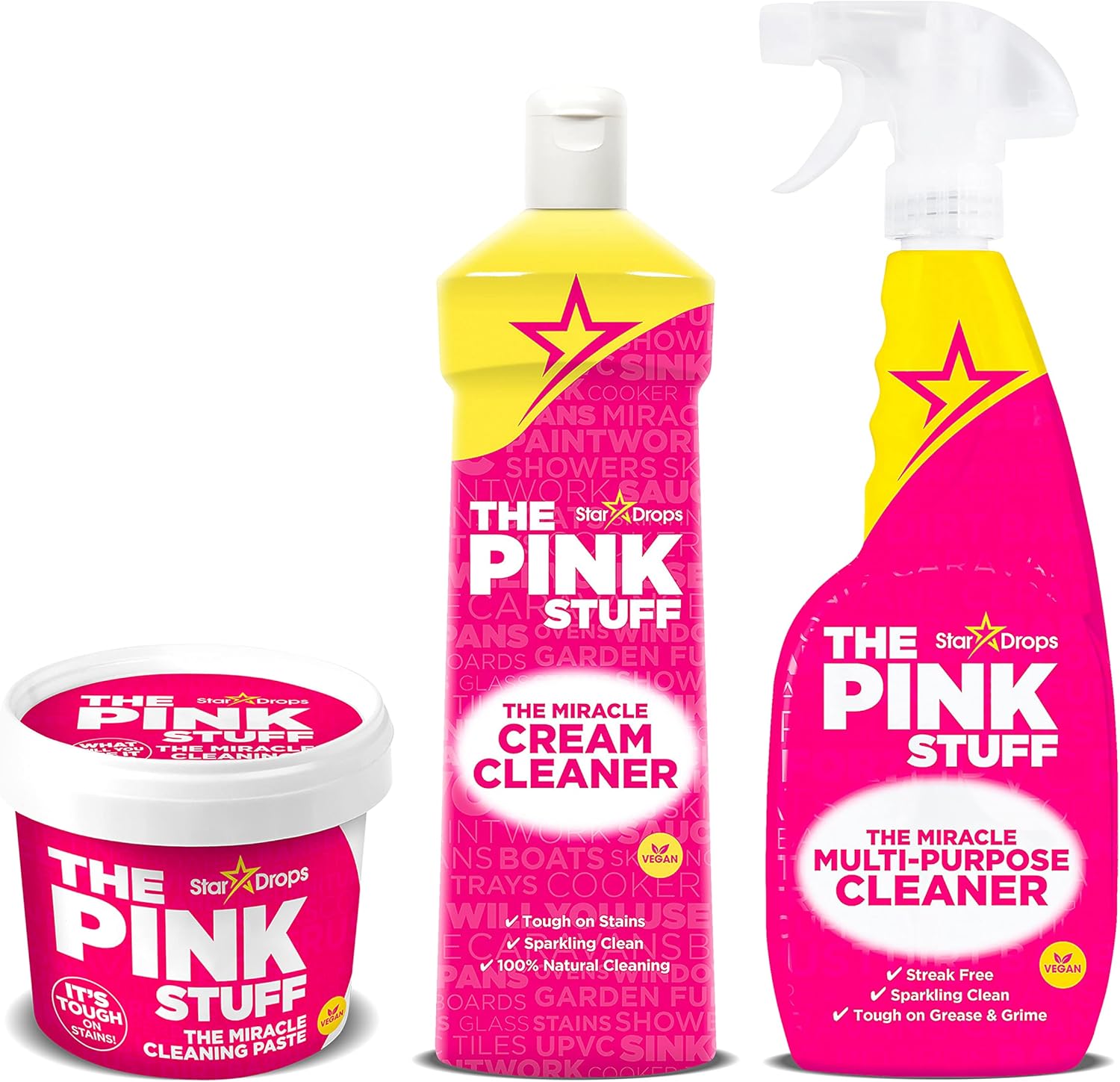 Stardrops The Pink Stuff Miracle Cleaning Bundle – Multi-Purpose Paste, Spray & Cream Cleaner (3-Pack) – Tough on Stains, Gentle on Surfaces