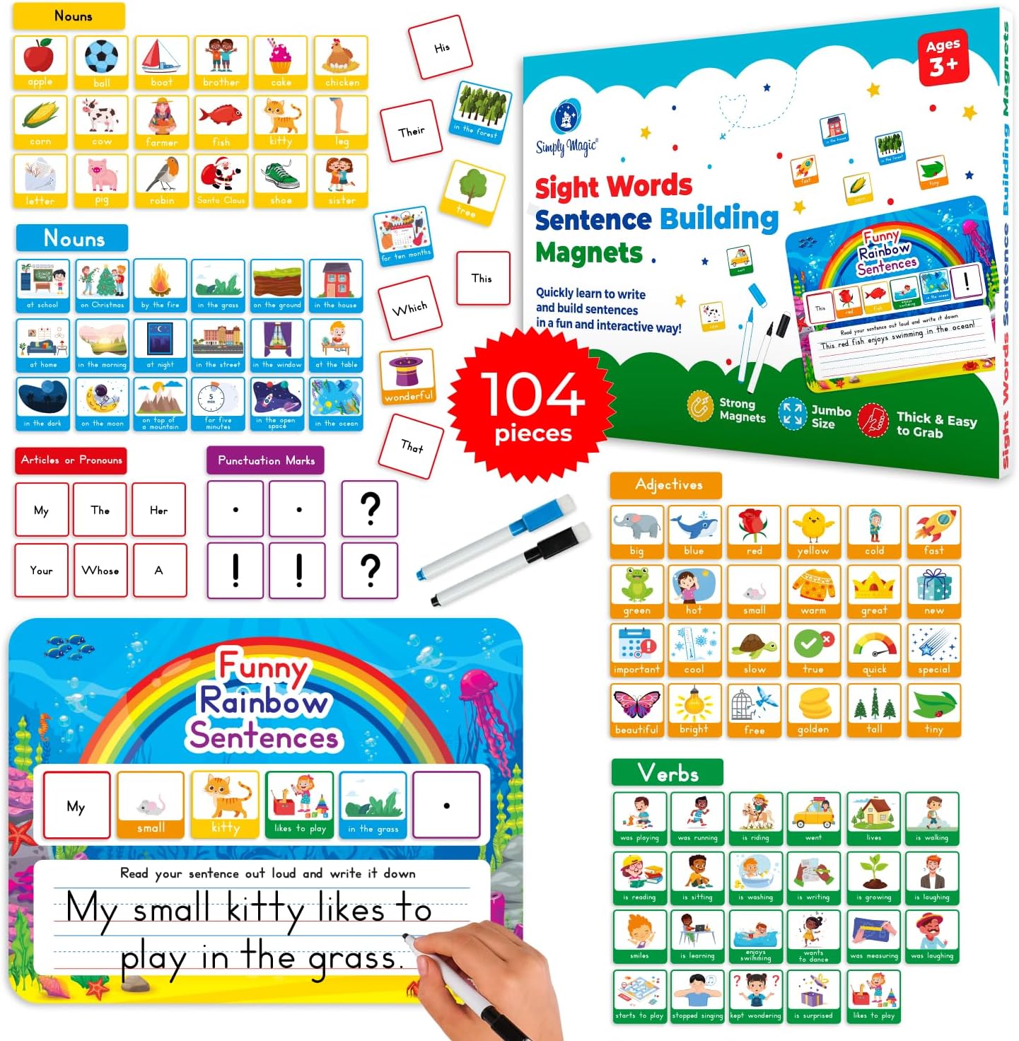 104 PCS Sentence Building for Kids, Sentence Building Magnets Kit, Learn to Read, Speech Speak Spell Games, Kids Vocabulary Builder, Sentence Building Games, Sight Word Magnets Games - Simply Magic