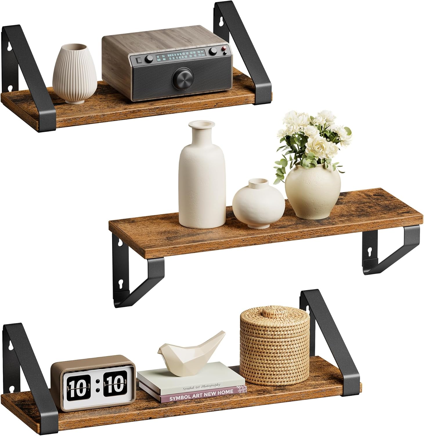 VASAGLE Wall Shelf, Floating Shelf, Set of 3, Shelf, 2 Mounting Options, Display Shelf, for Living Room, Kitchen, Study, Bathroom, Rustic Brown and Black LWS33BX