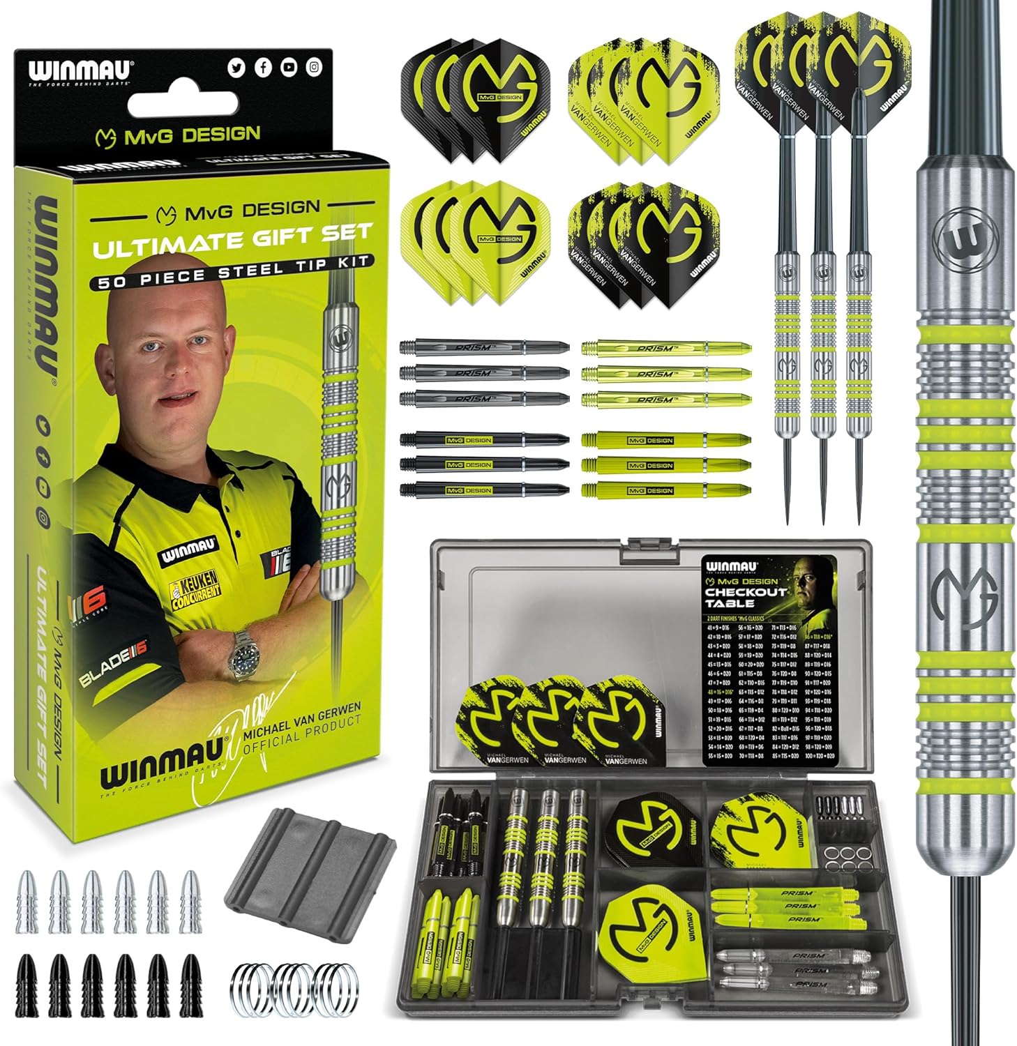 WINMAU Michael Van Gerwen MvG Gift Sets - 50 Piece Darts Set with 4 Sets of Shafts, 4 Sets of Flights Plus Accessories
