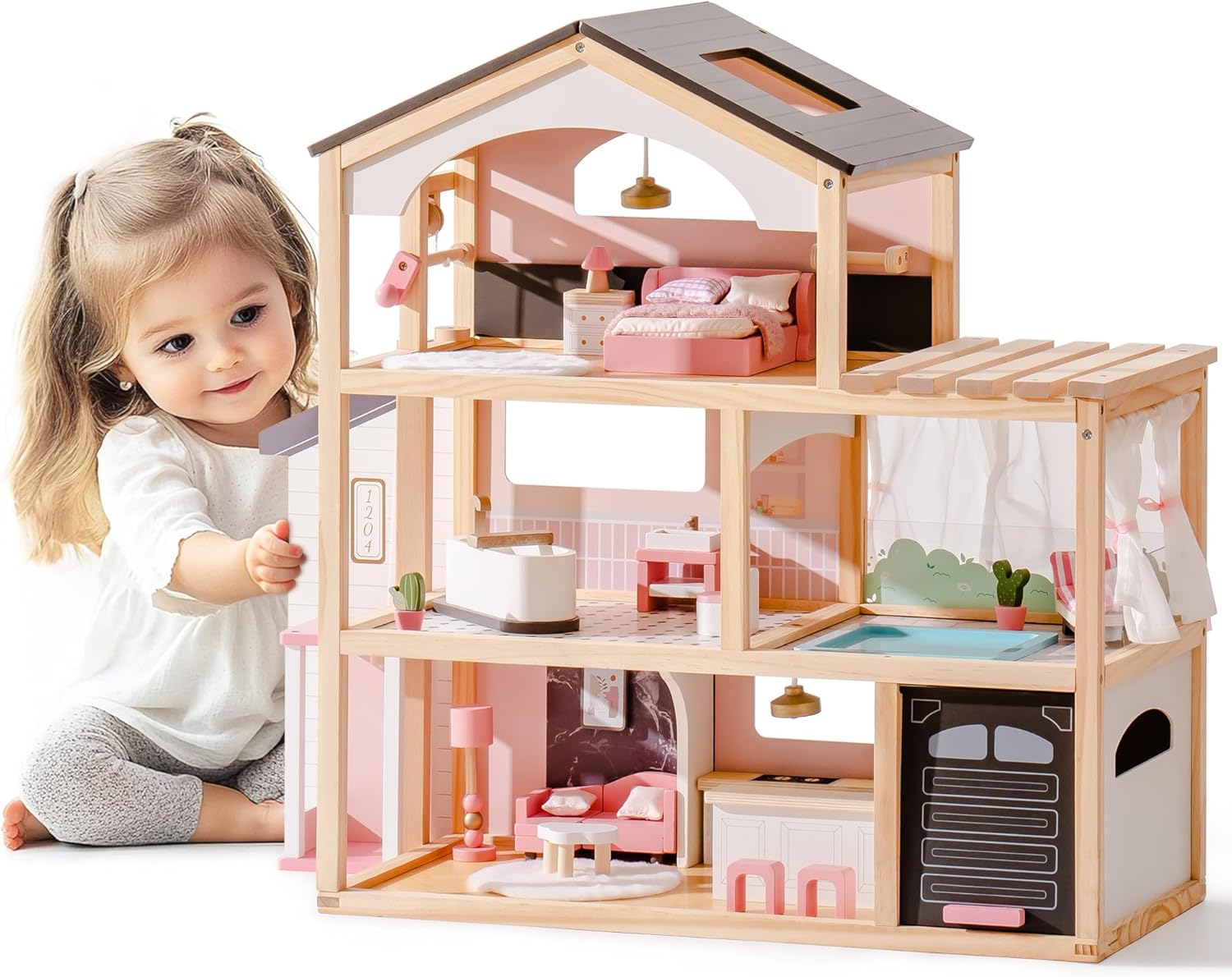 ROBOTIME Wooden Dollhouse, Doll House with 29 Pieces Furniture Set - Pool and Elevator, Wooden Doll House for 4, 5, 6-Inch Dolls, 6 Rooms Pink Dollhouse Gift for Kids Girls Ages 3+ (Black)