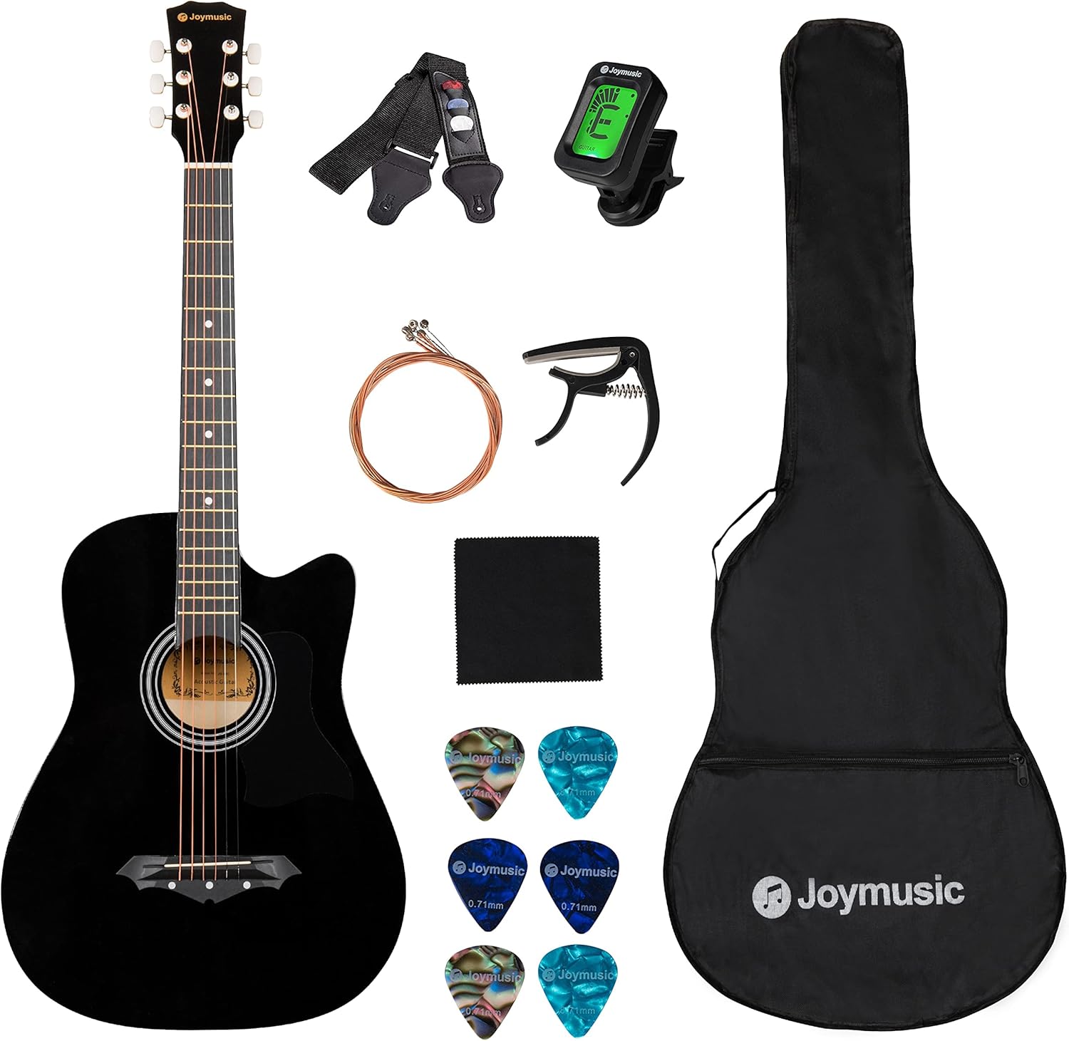 Joymusic 38 inch black beginner acoustic guitar,bundle with a strap with picks holder,digital tuner, set strings, capo,cleaning cloth,6 picks,gig bag.(JG-38C,BK)