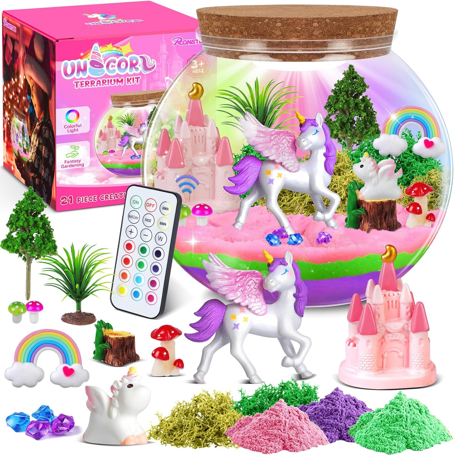 Ronstone Uni-corn Terrarium Craft Kits Toys for Girls' Birthday Presents - Uni-corn Gifts for 4 5 6 7 8 9+ Years Old Girls Boys - DIY Uni-corns Light-up Kits Crafts with Remote Control for Kids