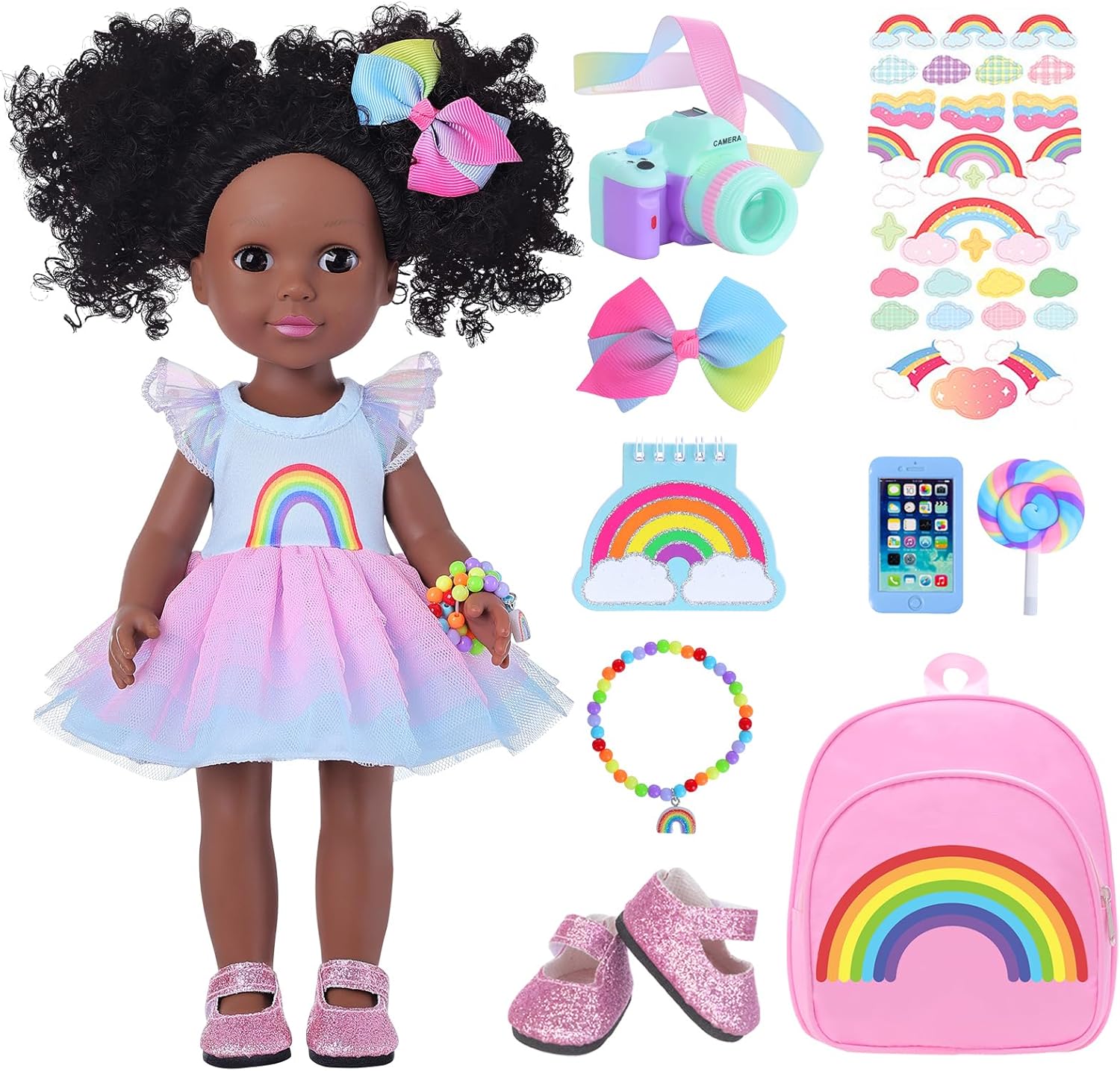 14.5 Inch Black Dolls with Black Baby Doll Clothes and Accessories Including Backpacks, Shoes, Cameras, Cell Phones, Lollipops, Bracelets, Hair Clips, Notebooks, Stickers