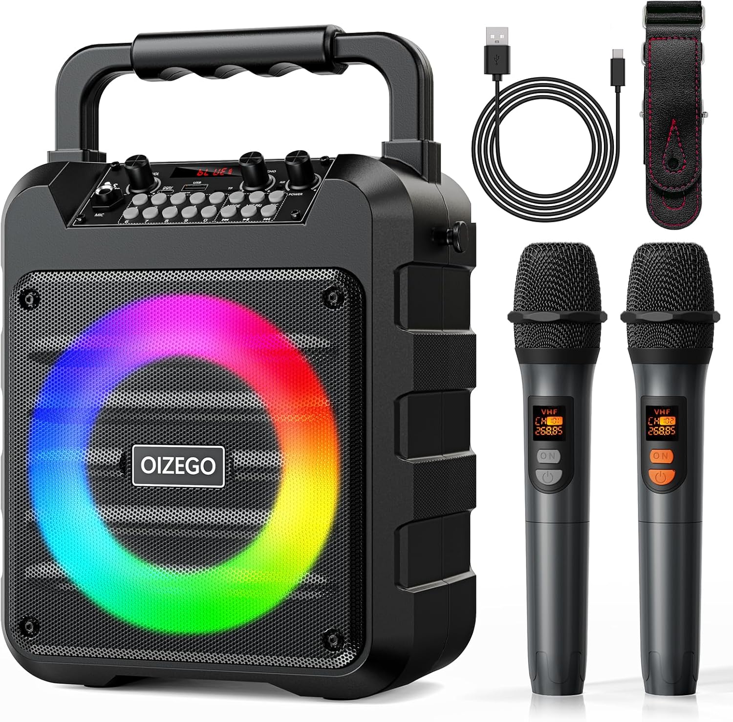 Karaoke Machine - Portable Bluetooth Speaker with 2 Wireless Microphones for Adults & Kids with Lights, PA System Speaker Supports TF Card/USB, AUX in, REC, Bass & Treble for Party/Meeting