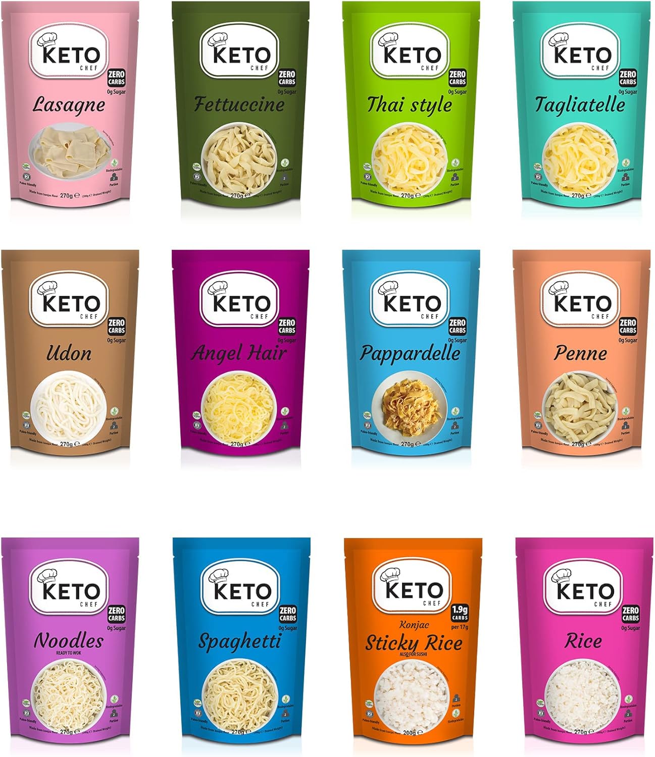 Keto Chef Slim Rice Pasta Noodle - Instant Food, Angel Hair, Udon, Lasagne, Thai Style, Fettuccine, Spaghetti, Tagliatelle, Sticky Rice, Penne, Noodles, Pappardelle, Ready to Eat | Pack of 12 (270g)